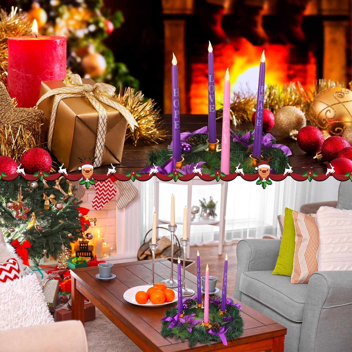 Kathfly 5 Pcs Christmas Advent Wreath with 4 Flameless Candles Holder with Hope Peace Love Joy Candle Christmas Centerpiece Decorations Pine Cones Bowknot for Xmas Advent Holiday Party (Purple) - Medaid International