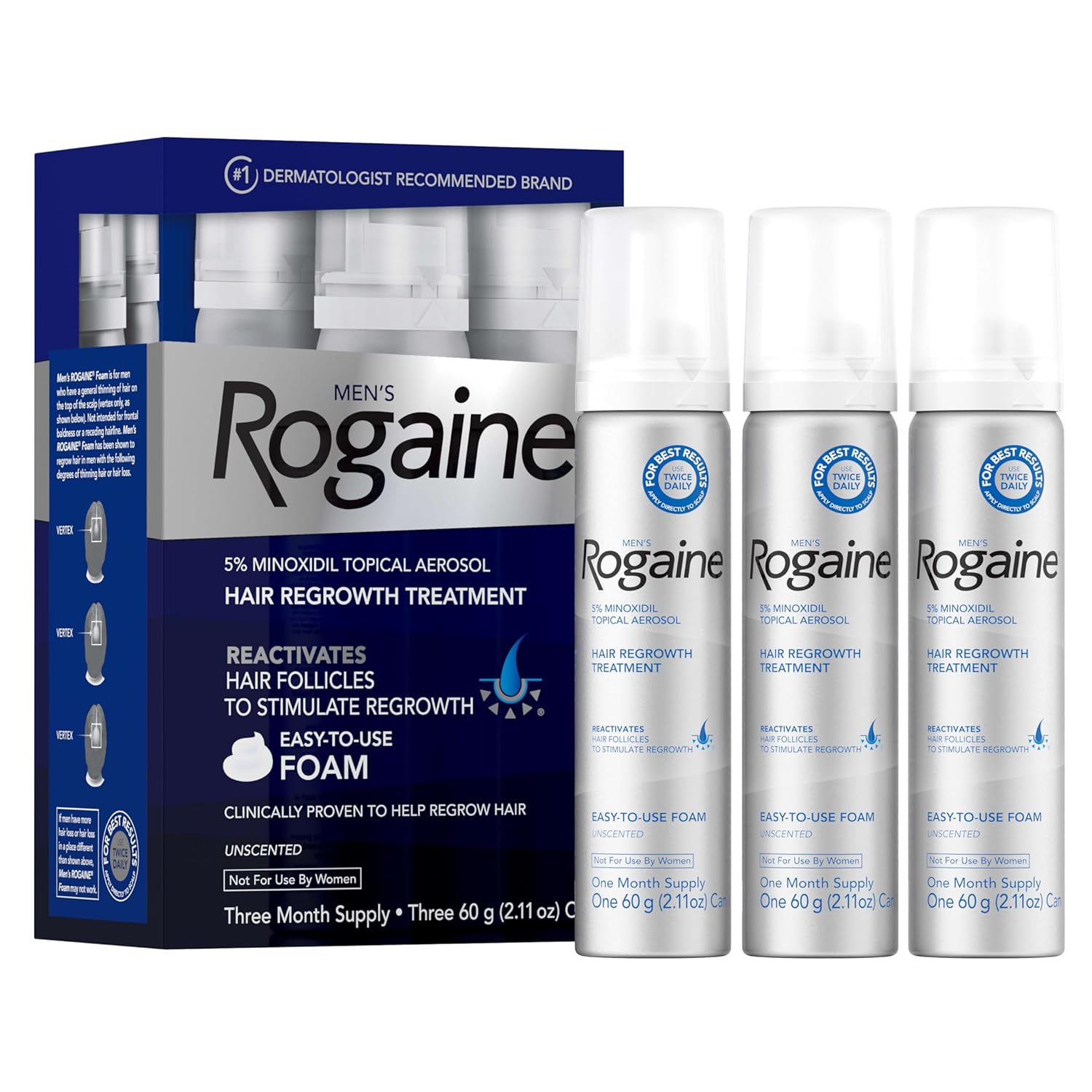 Men’s Rogaine 5% Minoxidil for Men Foam, Clinically Proven Regrowth for Thinning Hair, Topical Hair Loss Treatment, Unscented Topical Aerosol, Results in 8–16 Weeks, 3-Month Supply, 3 x 2.11 oz - Medaid International