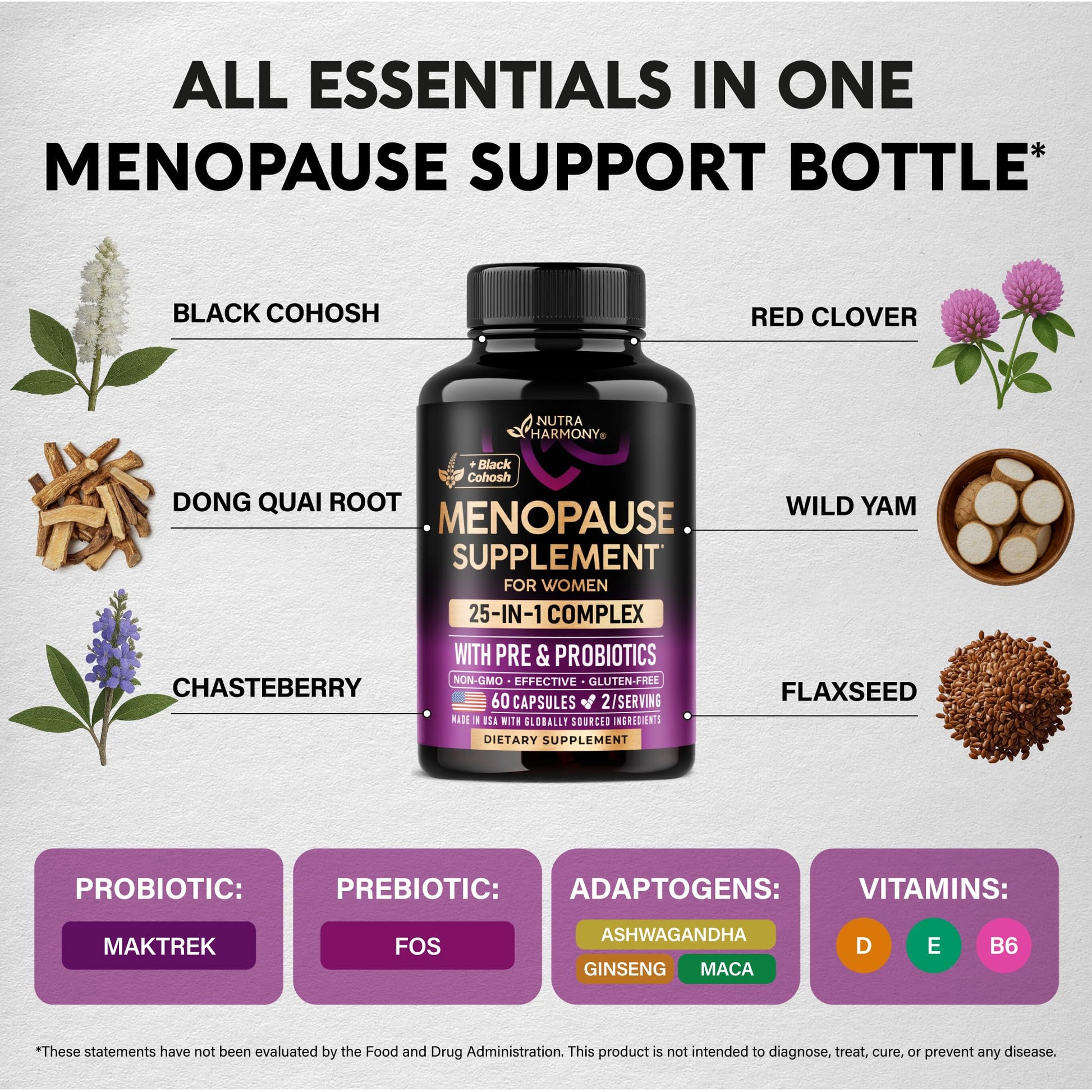 Menopause Supplements for Women - Dong Quai, Black Cohosh, Pre & Probiotics - Sweats & Hot Flashes Relief - Digestion, Sleep & Mood Support - 25-in-1 Perimenopause Complex - Made in USA - 60 Capsules - Medaid International