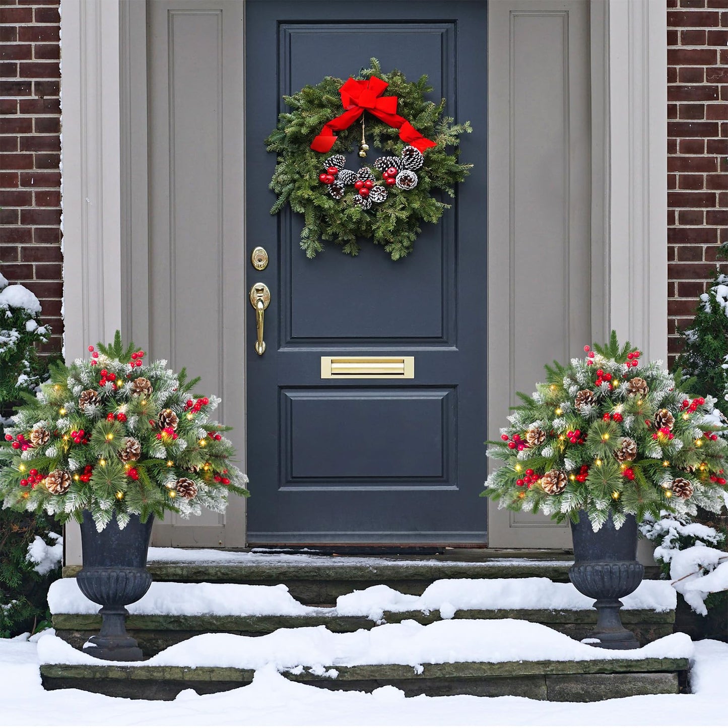 LAVEVE 20" Prelit Small Christmas Tree with Lights, Battery Operated Xmas Tree with Pine Cones & Red Berries, Frosted Urn Filler, 50 LED Warm Lights with Timer, Outdoor for Porch and Pathway, 1 Pack - Medaid International