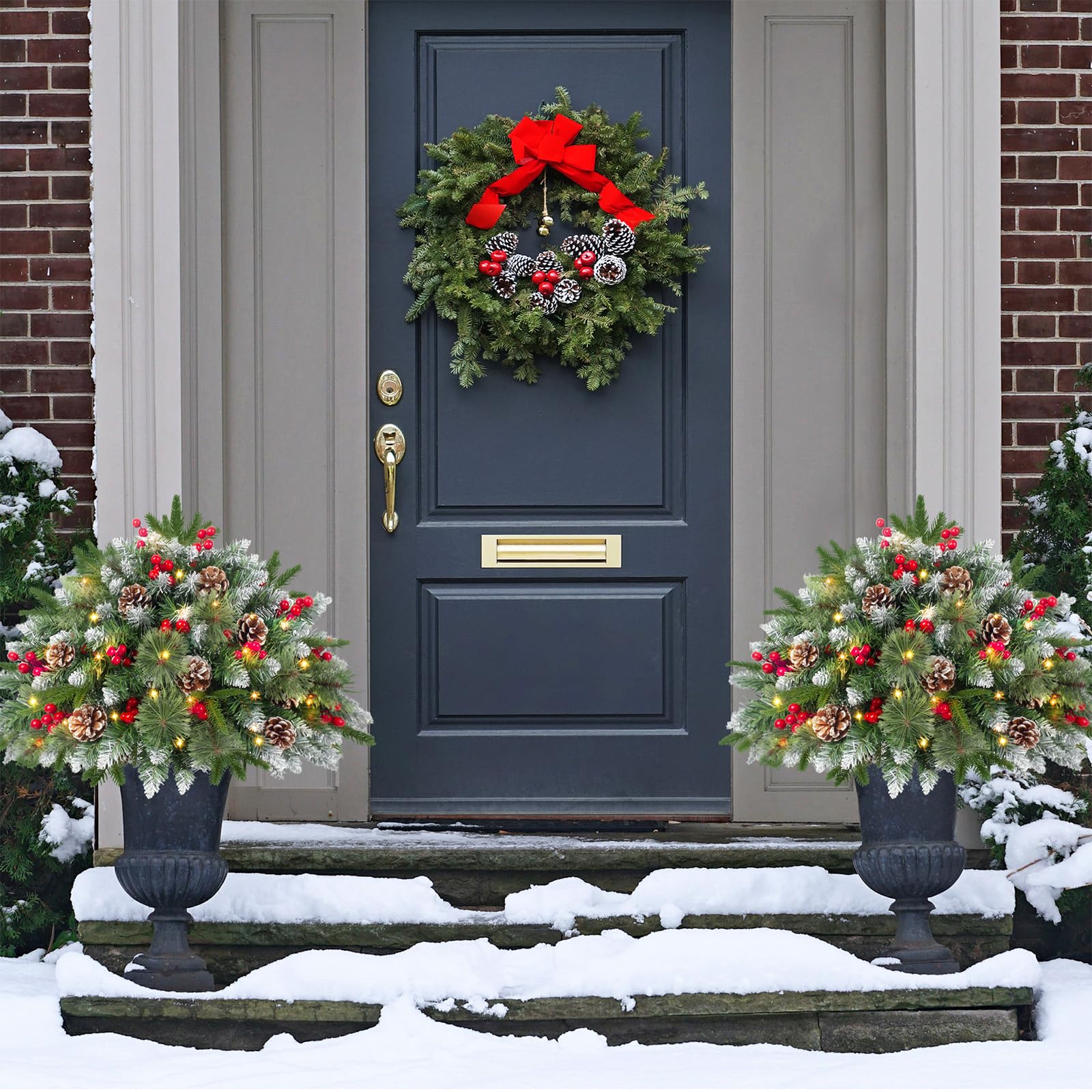 LAVEVE 20" Prelit Small Christmas Tree with Lights, Battery Operated Xmas Tree with Pine Cones & Red Berries, Frosted Urn Filler, 50 LED Warm Lights with Timer, Outdoor for Porch and Pathway, 1 Pack - Medaid International