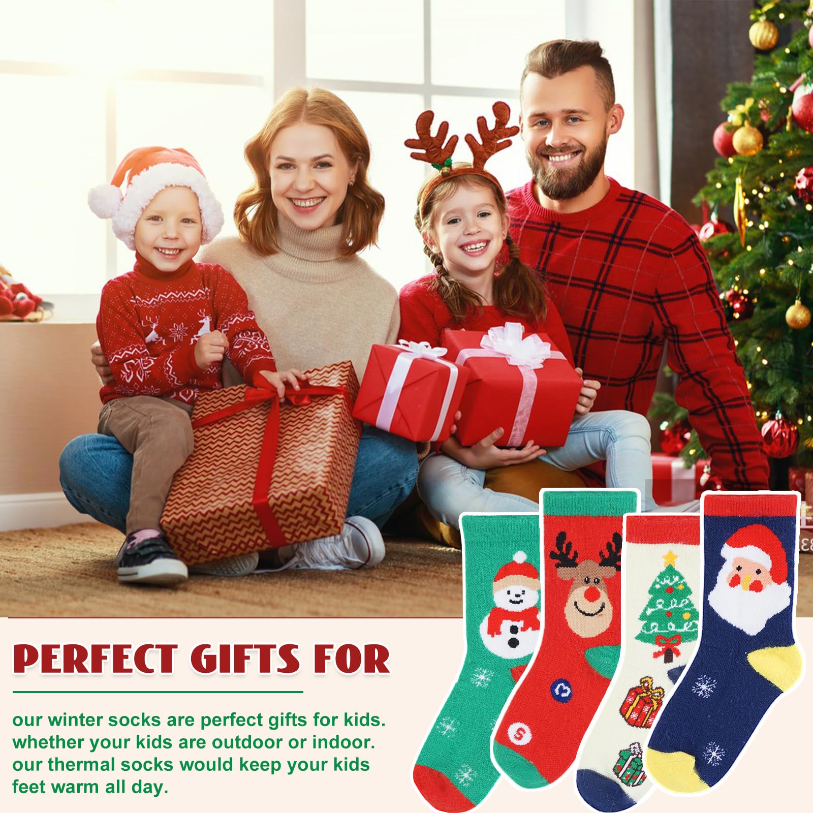 Merino Wool Christmas Socks for Toddler Boys Girls, Kids Hiking Winter Warm Cozy Thick Thermal Crew Boot Socks 4 Pairs - Medaid International