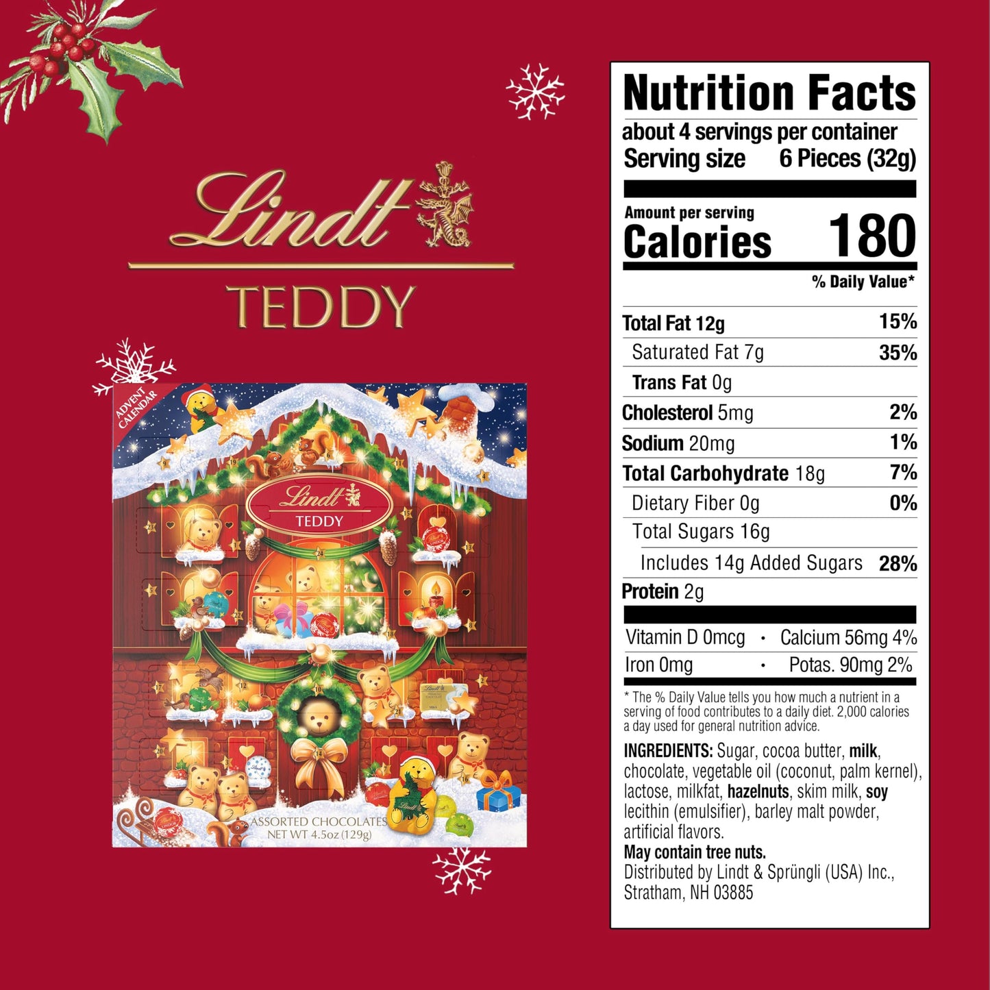 Lindt Holiday Teddy Bear Chocolate Candy Advent Calendar, 4.5 oz. - Medaid International