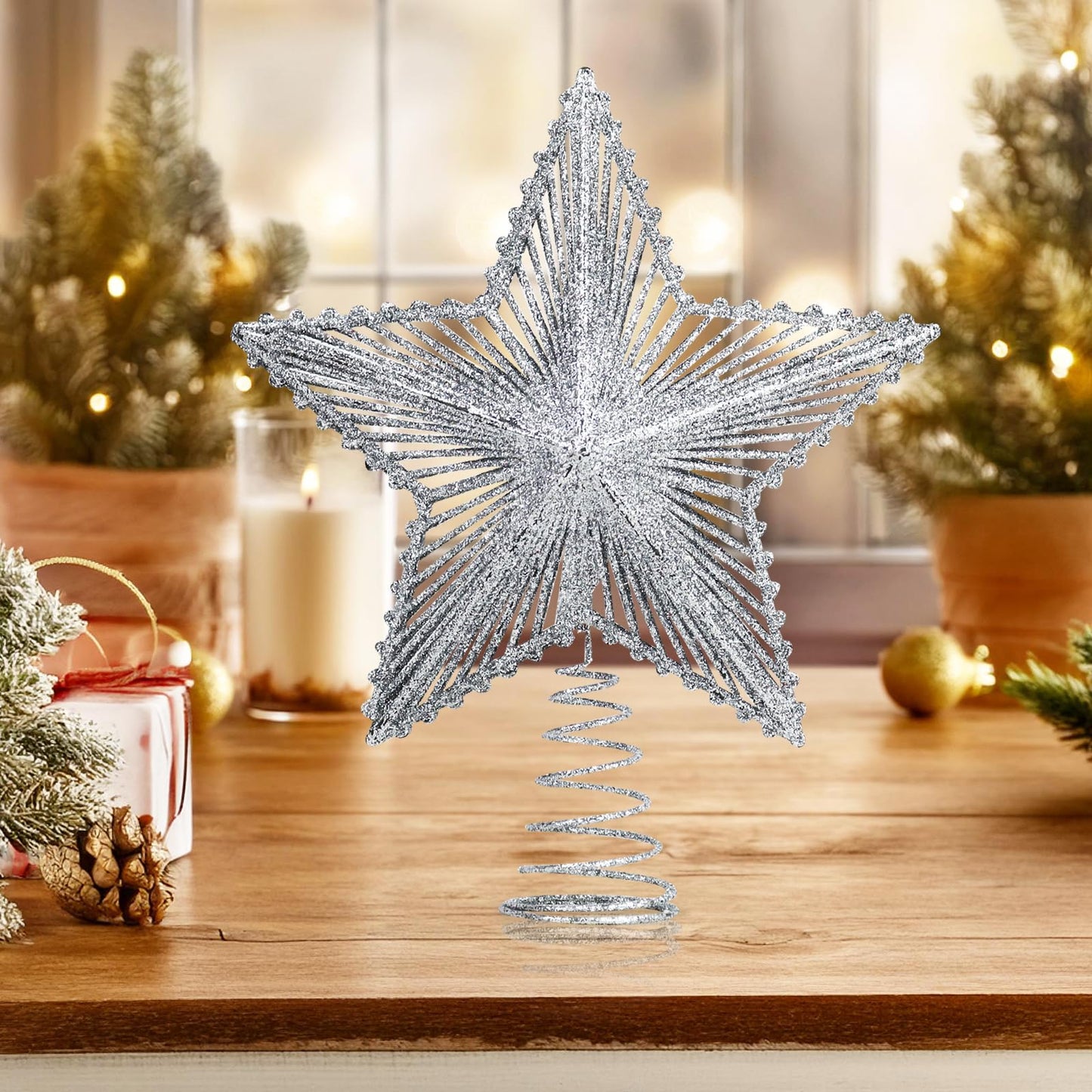 Glittering 5-Point Star Christmas Tree Topper, Sparkly Festive Red Star Ornament with Stable Base for Indoor Outdoor Party(Sliver) - Medaid International