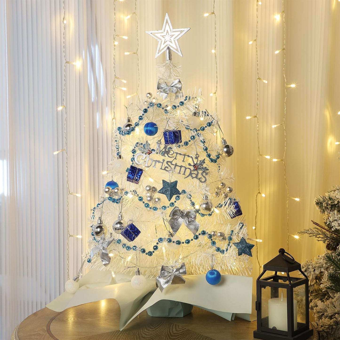 Juegoal White Mini Christmas Tree, 24 Inch/2 FT Lighted Tabletop Artificial Xmas Pine Tree, Small Spruce Tree Light Up Battery Operated & Timer with 50 LED Lights, for Holiday Winter Home Party Decor - Medaid International