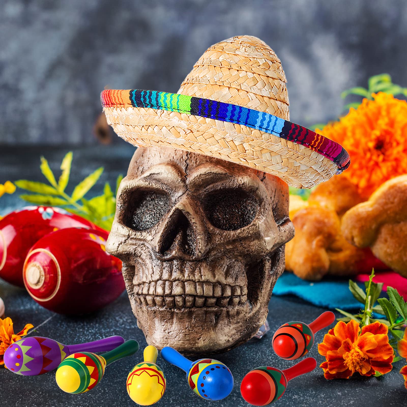 12 Pcs Colorful Wooden Maracas and 6 Pcs Mini Sombrero Hats - Mexican Fiesta Party Favors and Supplies for Carnivals - Medaid International