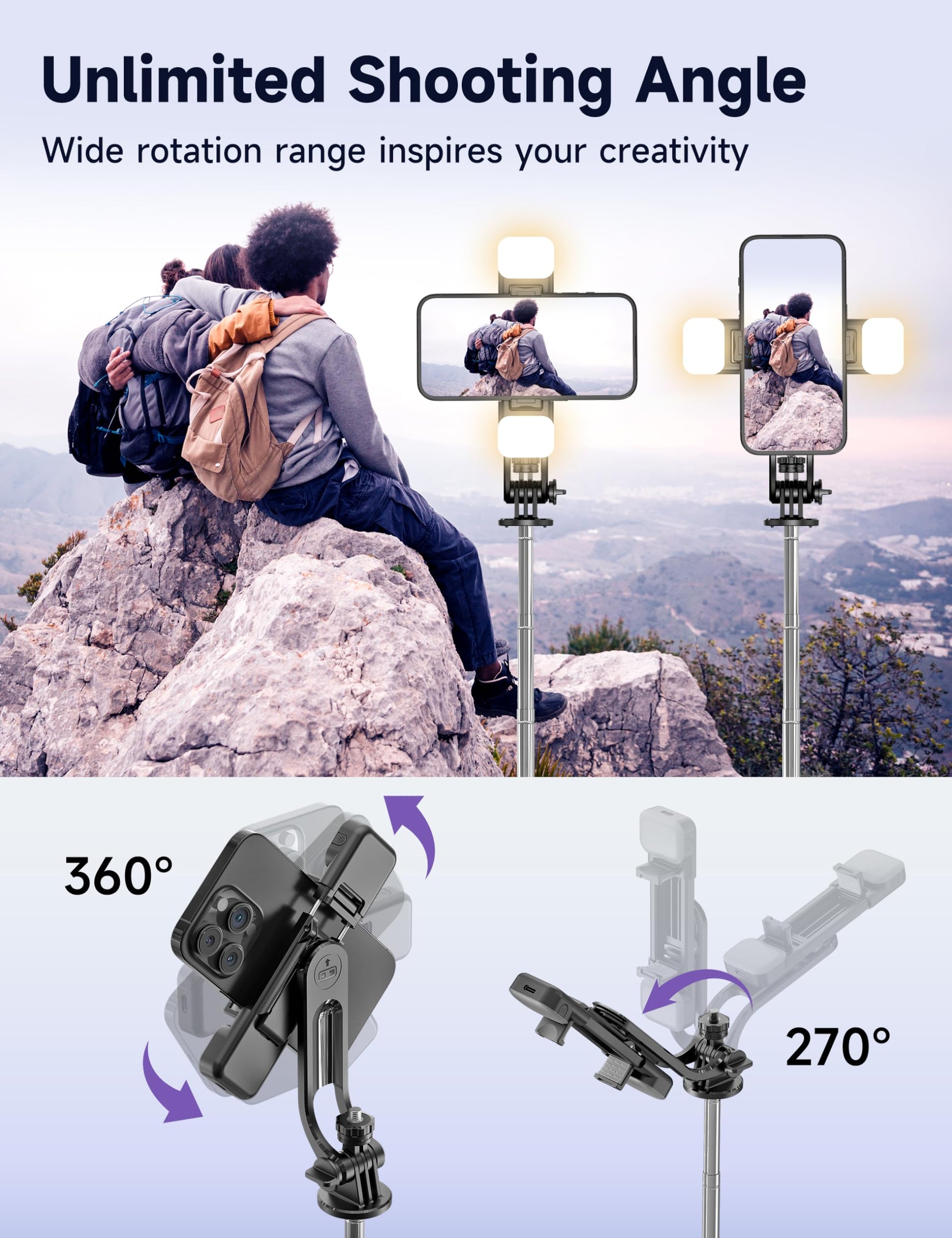 53'' Selfie Stick Tripod with Light, Extendable Selfie Stick with Remote, Portable Cell Phone Tripod Stand with All in 1 Phone Clip, Lightweight Camera Tripod Compatible with iPhone 15 14 13, Android - Medaid International