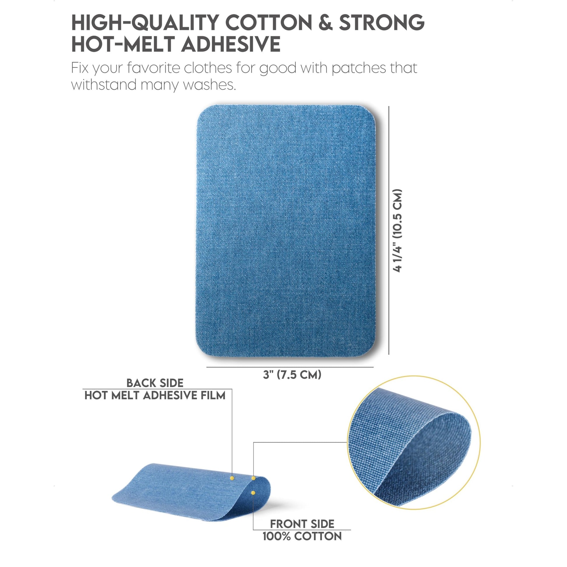 ZEFFFKA Denim Iron-on Patches Inside & Outside Strongest Glue 100% Cotton Black and White Repair Decorating Kit 12 Pieces Shades of Blue Size 3" by 4-1/4" (7.5 cm x 10.5 cm) - Medaid International