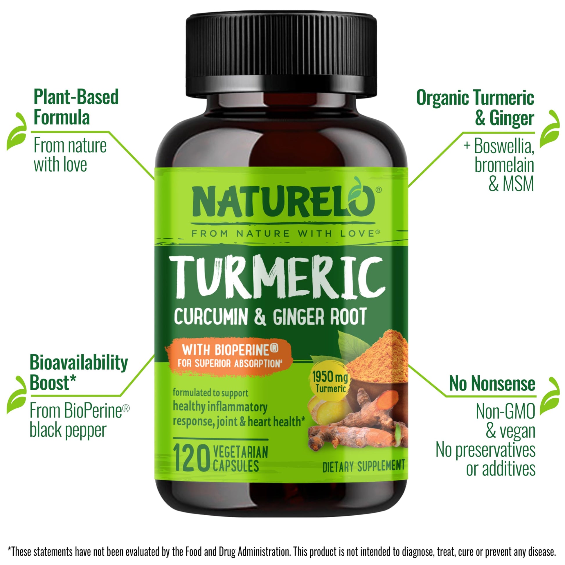 NATURELO Turmeric Curcumin - BioPerine for Better Absorption - Black Pepper, Ginger Root, Curcuminoids - Plant-Based Joint Discomfort Support - 120 Vegan Capsules - Medaid International