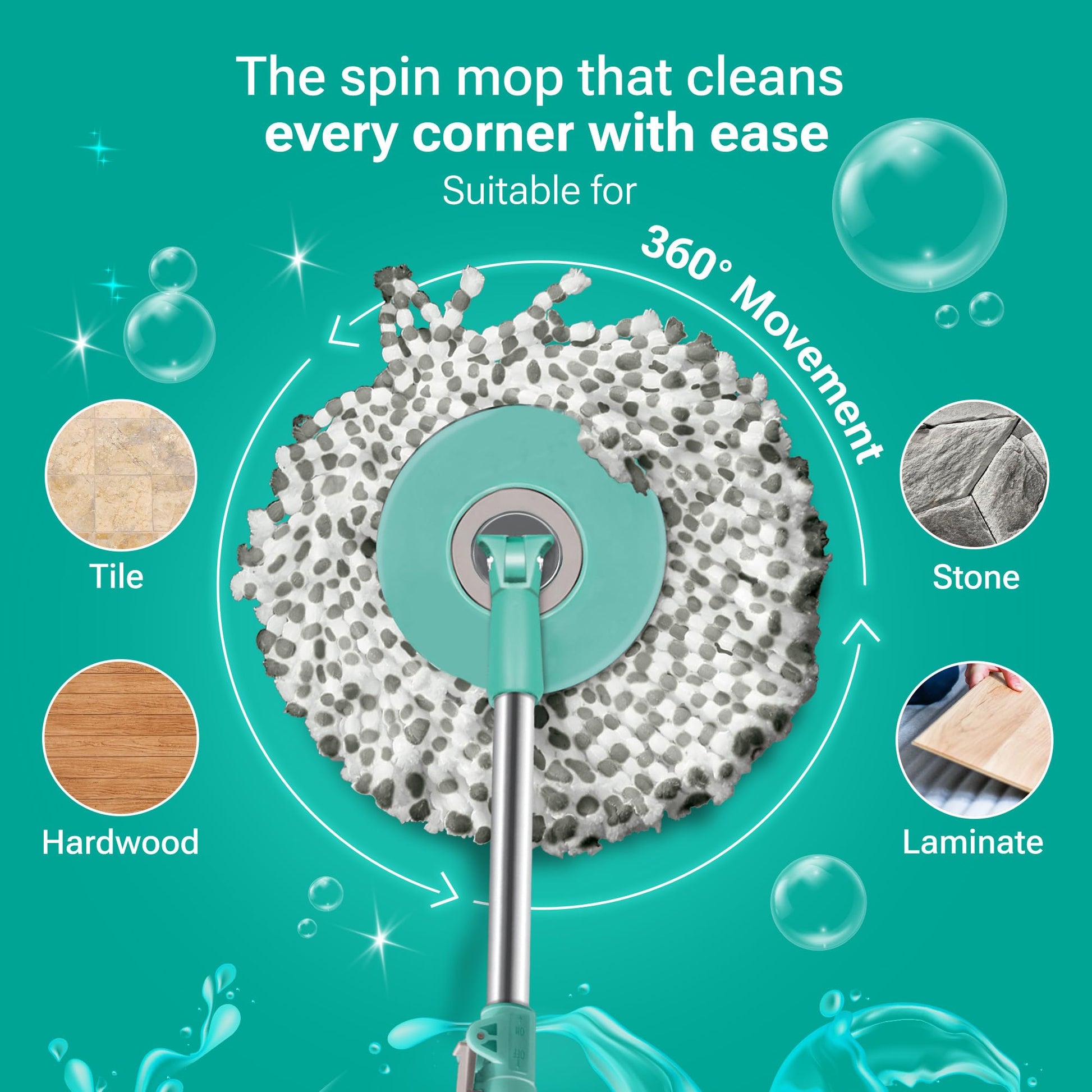 Spotzero by Milton Spin mop Bucket with Wringer on Wheels, Extendable Handle 360 Spin mops for Floor Cleaning, 2 Microfiber Refills, Aqua Green Elite - Medaid International