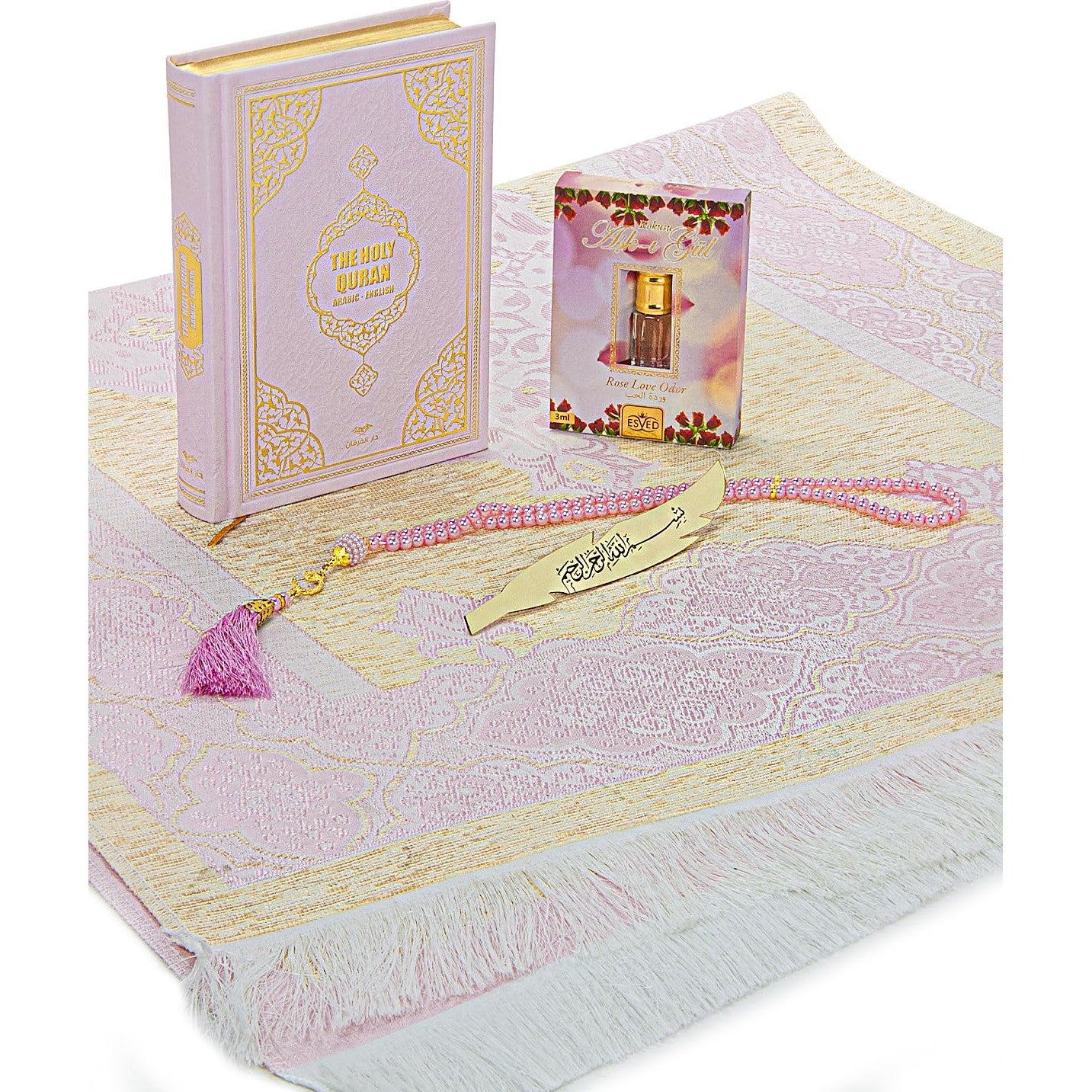 ihvan online Prayer Gift Set for Hajj and Umrah, Muslim Prayer Rug, Prayer Mat, Beads Taasbih, Holy Quran Translated English, Muslim Praying Mat, Islamic Gift Set for Ramadan & Eid, Pink - Medaid International