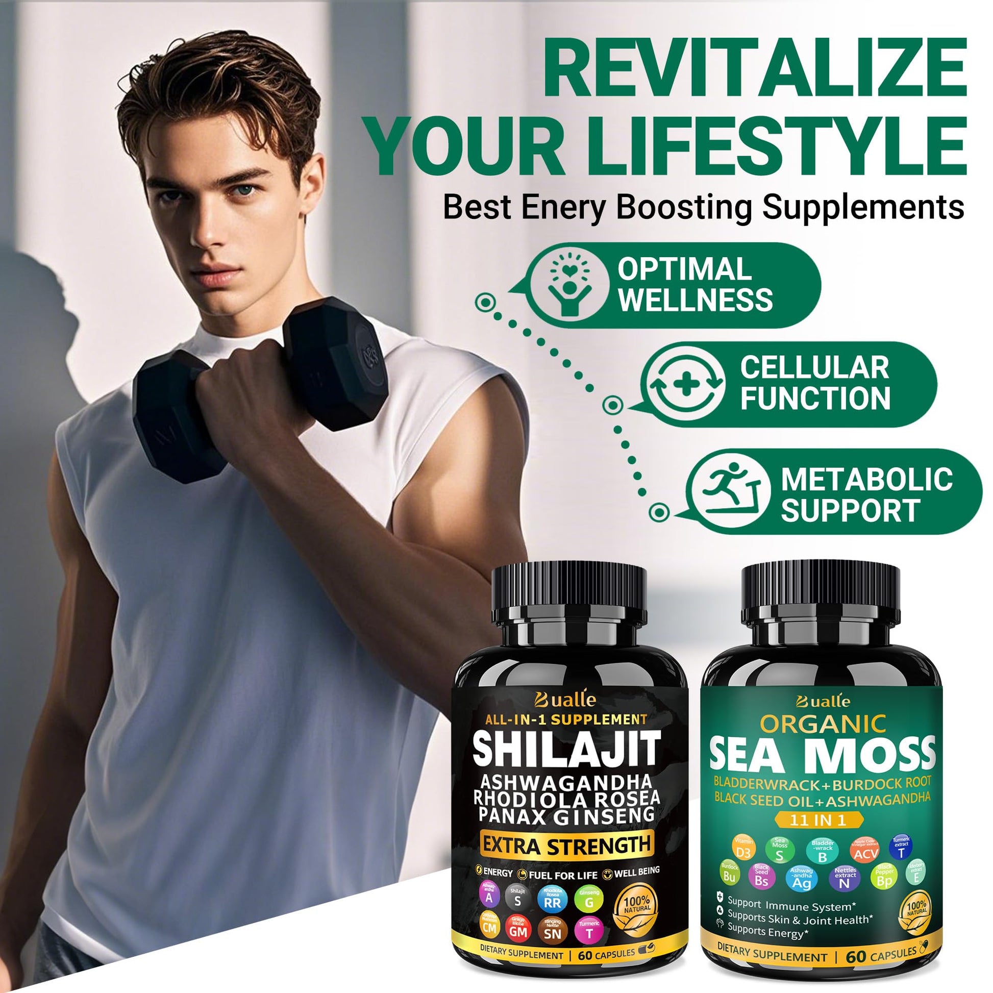 Bualle Organic Sea Moss for Women & Shilajit for Men,Ashwagandha Supplement with Black Seed Oil, Maca & Ginger, Supports Daily Wellness, Skin & Energy–120 Vegan Capsules – Organic Herbal Complex - Medaid International