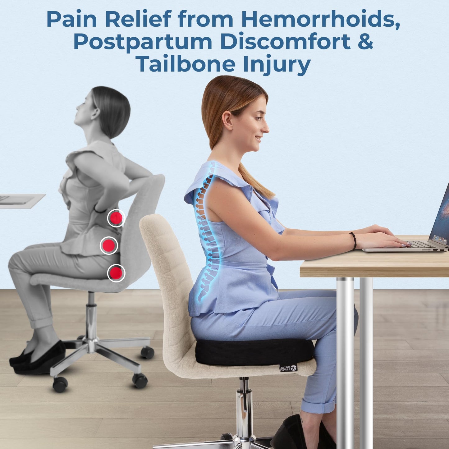 5 STARS UNITED Donut Pillow Hemorrhoid Tailbone Cushion – Large Cushion for Pain Relief – Coccyx, Prostate, Sciatica, Pelvic Floor, Pressure Sores, Pregnancy, Postpartum Recovery, Black - Medaid International