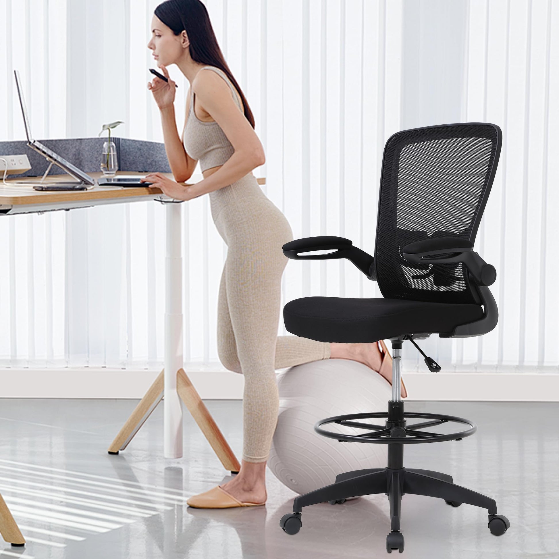 PayLessHere Ergonomic Drafting Chair Tall Office Chair High Adjustable Standing Desk Chair with Lumbar Support Mesh Back Footrest Flip-Up Arms for Office Computer Desk Standing Desk (Black) - Medaid International