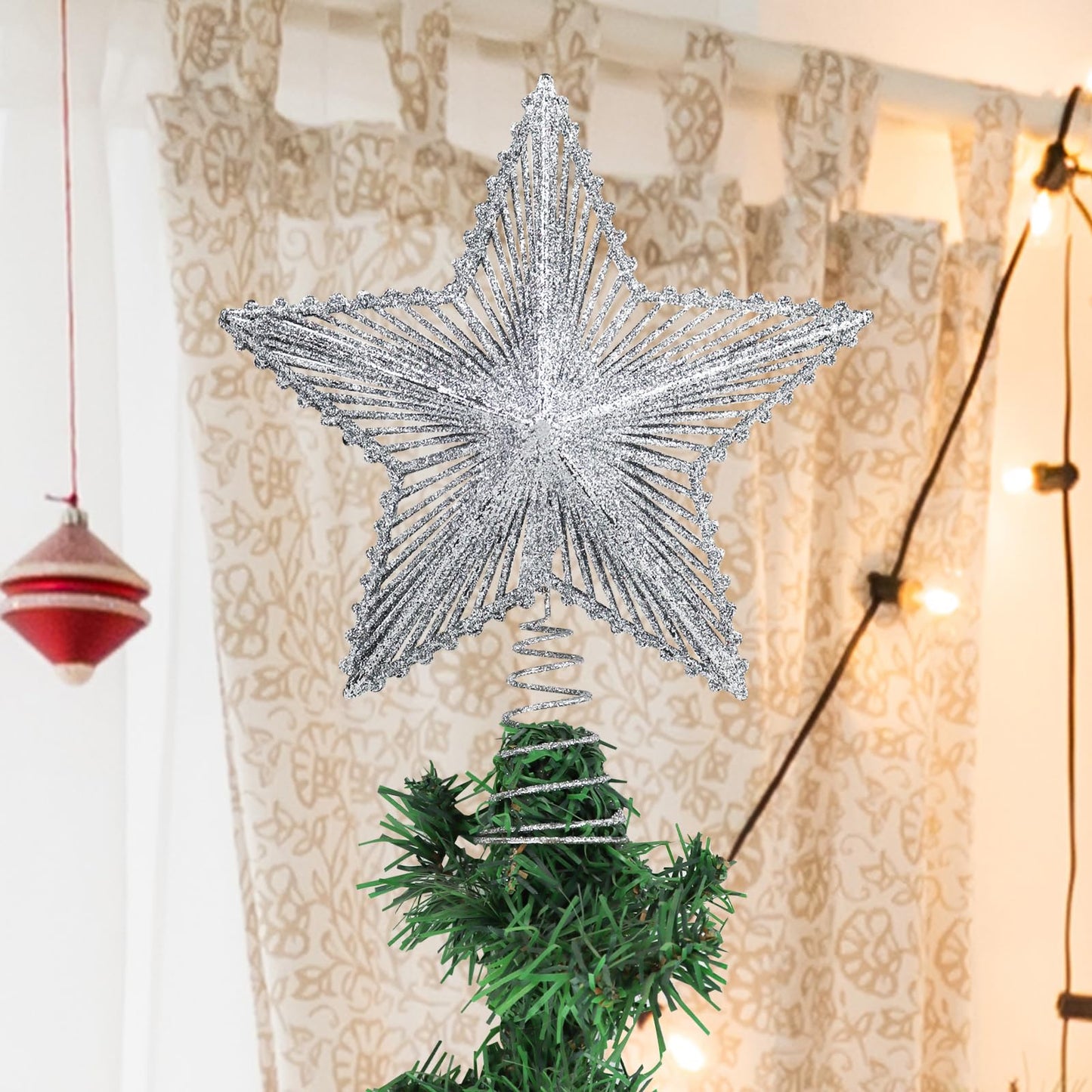 Glittering 5-Point Star Christmas Tree Topper, Sparkly Festive Red Star Ornament with Stable Base for Indoor Outdoor Party(Sliver) - Medaid International