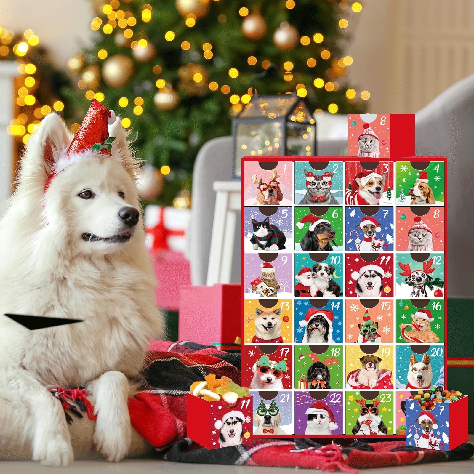 Dogs & Cats Advent Calendar 2025, Empty Advent Calendar to Fill Yourself, Advent Calendar Box Drawers Christmas Gifts for Pet Dog Lover Personalize with Treats Winter Holiday Xmas Countdown Gift - Medaid International