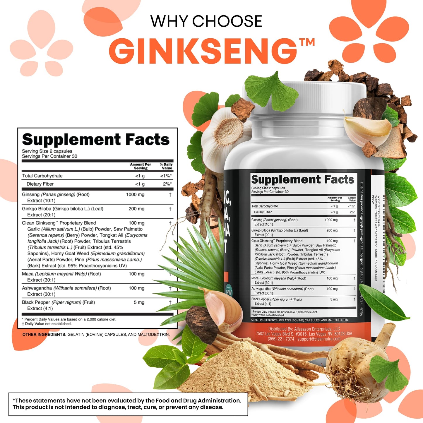 Clean Nutraceuticals Panax Ginseng Ginkgo Biloba Ashwagandha Maca Root - Focus Supplement Pills for Women and Men with Pine Bark Extract, Garlic, and Saw Palmetto - 60 Caps - Medaid International