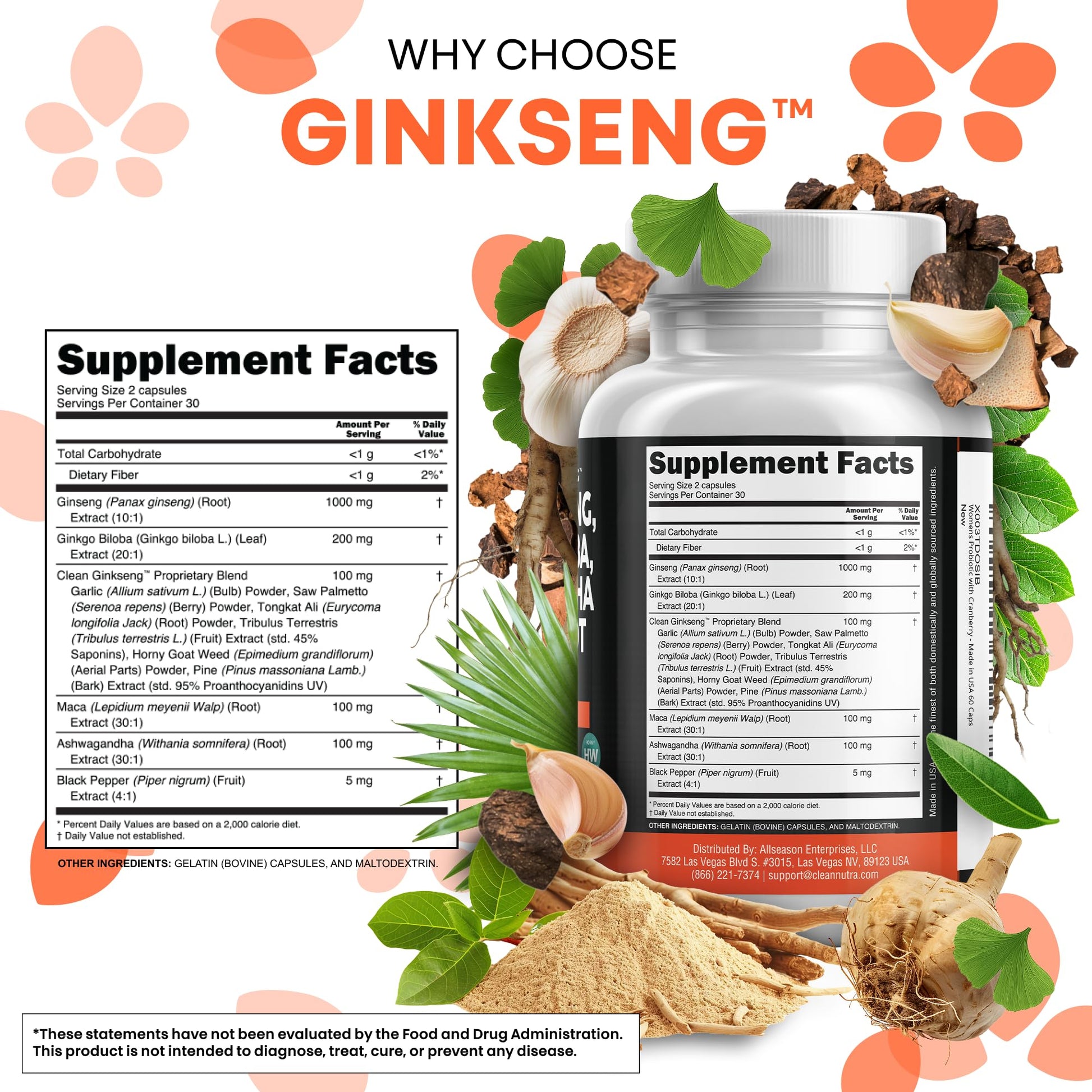 Clean Nutraceuticals Panax Ginseng Ginkgo Biloba Ashwagandha Maca Root - Focus Supplement Pills for Women and Men with Pine Bark Extract, Garlic, and Saw Palmetto - 60 Caps - Medaid International