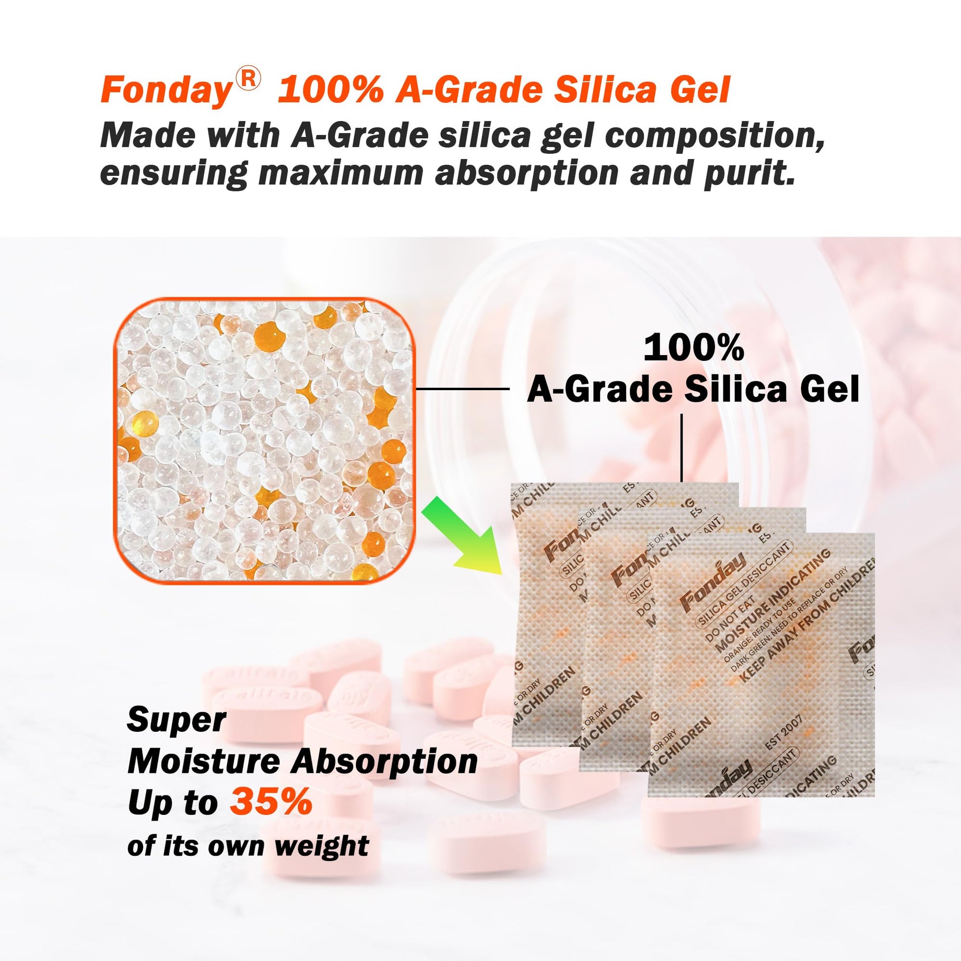 5g x 60 packs Fonday Rechargeable Silica Gel Desiccant Packets Food Grade Fast Reactivate Desiccant Bags Moisture Indicating Orange to Green - Medaid International