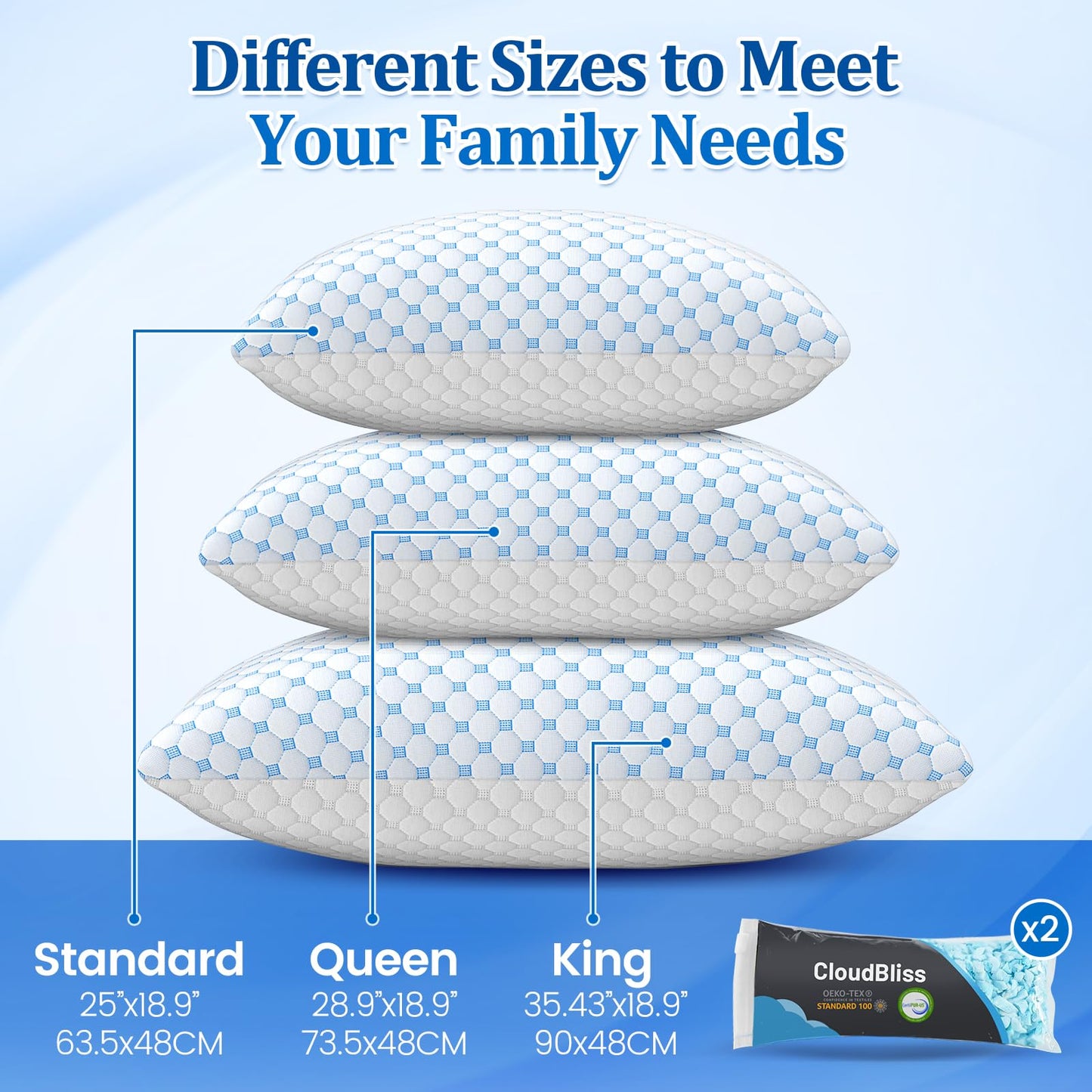 CloudBliss Shredded Memory Foam Pillow for Sleeping - Adjustable Cooling Pillow with Breathable Washable Cover, CertiPUR-US Certified, 1 Pack Queen Size for Side/Back/Stomach Sleepers - Medaid International