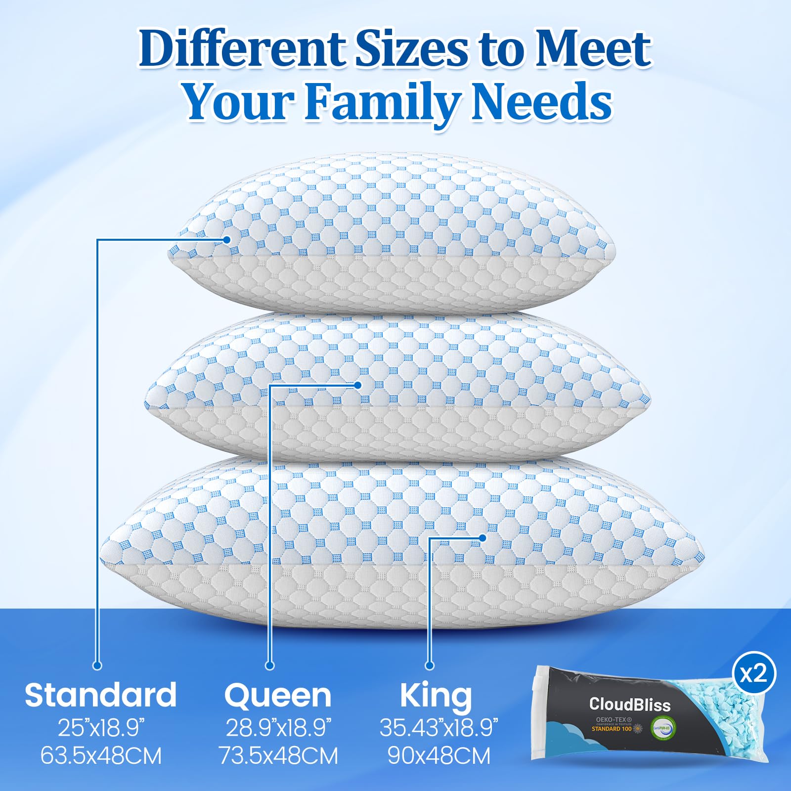 CloudBliss Shredded Memory Foam Pillow for Sleeping - Adjustable Cooling Pillow with Breathable Washable Cover, CertiPUR-US Certified, 1 Pack Queen Size for Side/Back/Stomach Sleepers - Medaid International