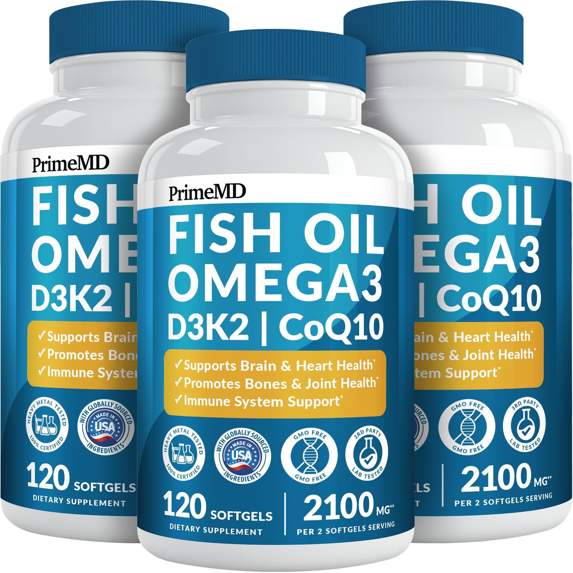 5-in-1 Fish Oil Omega 3 Fatty Supplements (2100mg) - Omega 3 Fish Oil with Vitamins D3 K2 and CoQ10 - Lemon Flavored (120 softgels, Pack of 3) - Medaid International