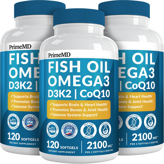 5-in-1 Fish Oil Omega 3 Fatty Supplements (2100mg) - Omega 3 Fish Oil with Vitamins D3 K2 and CoQ10 - Lemon Flavored (120 softgels, Pack of 3) - Medaid International
