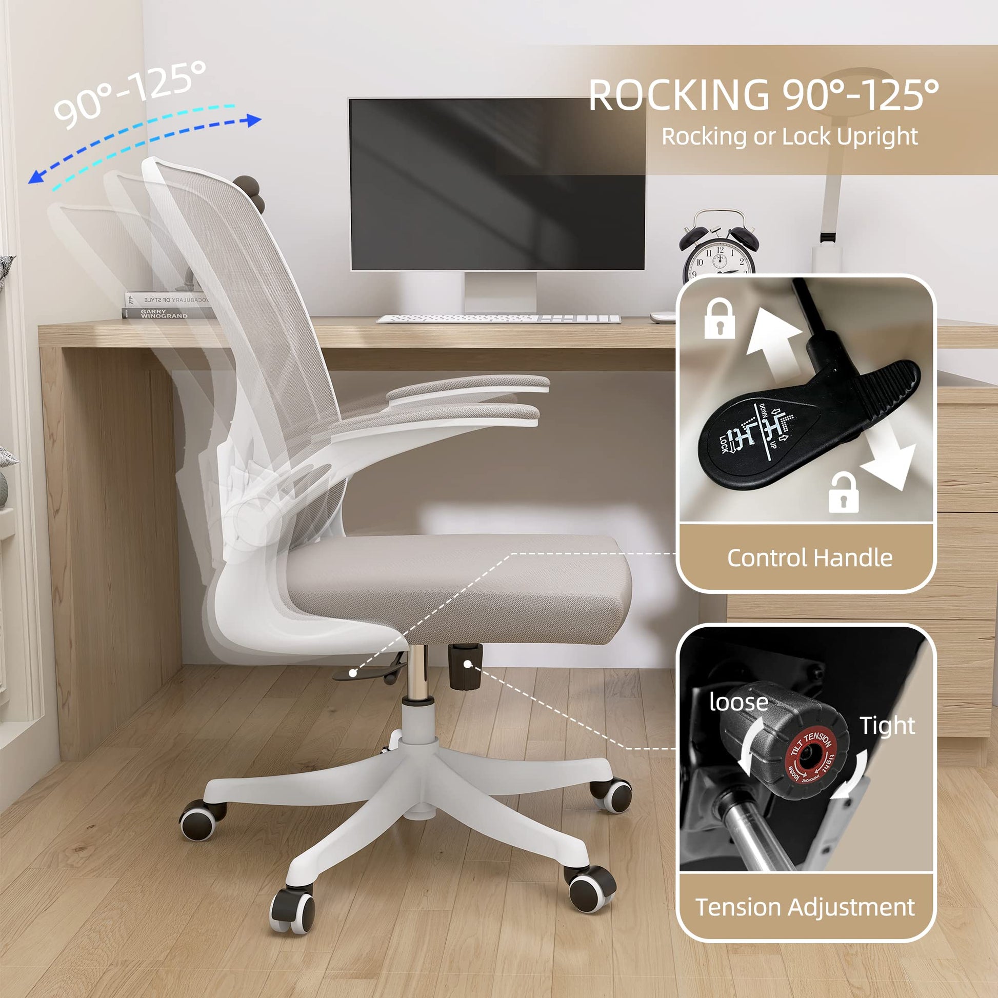 Monhey Office Chair Ergonomic Desk Chair with Lumbar Support&Headrest&Flip-up Arms Height Adjustable Rocking Swivel High Back Computer Chair Warm Taupe Mesh Study Chair (01Khaki) - Medaid International