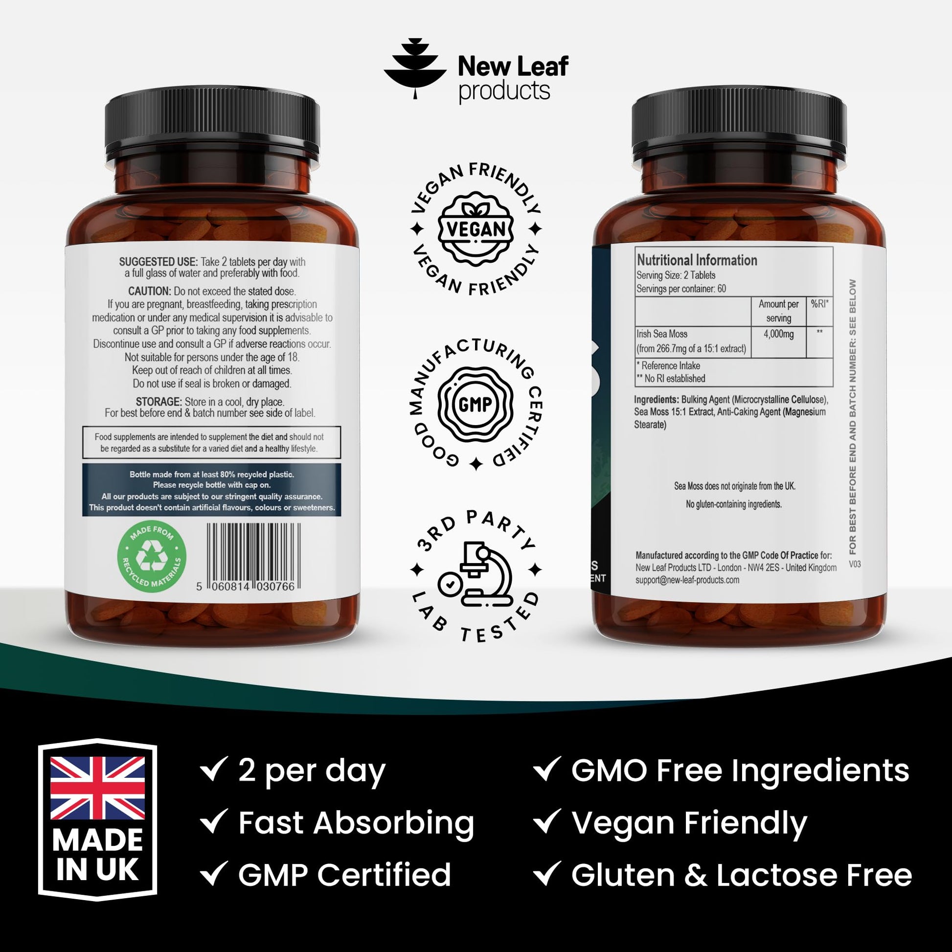 Extract High Strength 2000mg - Sea Moss Supplement 120 Tablets (not sea Moss Capsule) High Potency - UK Made - Vegan - Non GMO - Medaid International