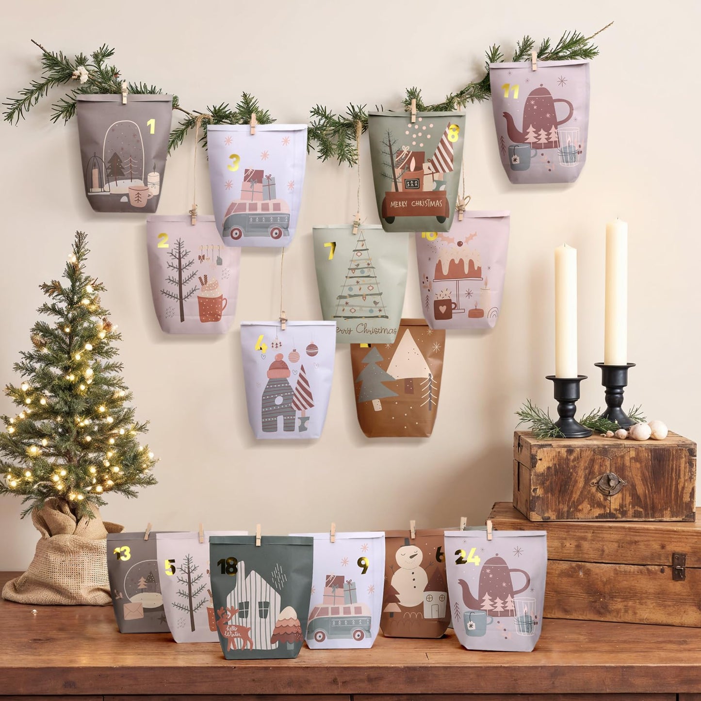 Yinsun Advent Calendar 2025, 24 Christmas Advent Calendars to Fill for Countdown - Empty Christmas Gift Paper Bags with Wooden Clips for Children and Adults DIY Craft - Medaid International