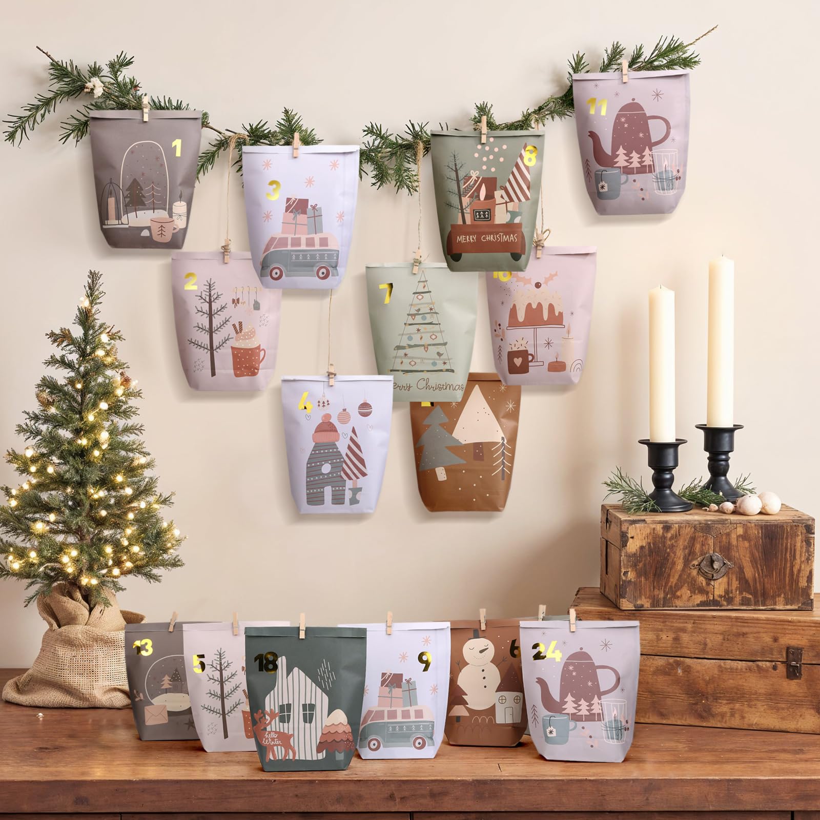 Yinsun Advent Calendar 2025, 24 Christmas Advent Calendars to Fill for Countdown - Empty Christmas Gift Paper Bags with Wooden Clips for Children and Adults DIY Craft - Medaid International