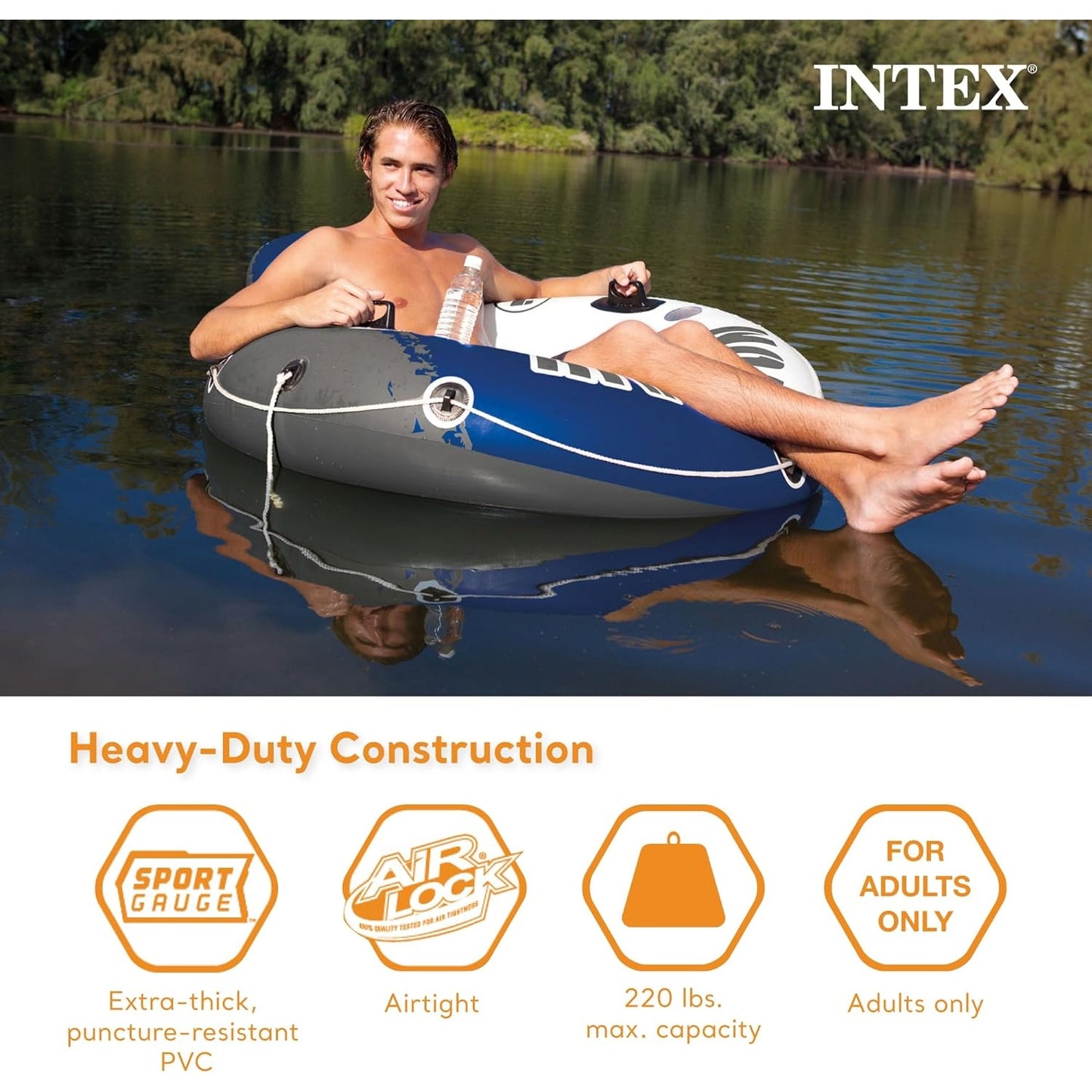 River Run Single Person Inflatable Floating Water Tube Raft with Built-In Backrest - Medaid