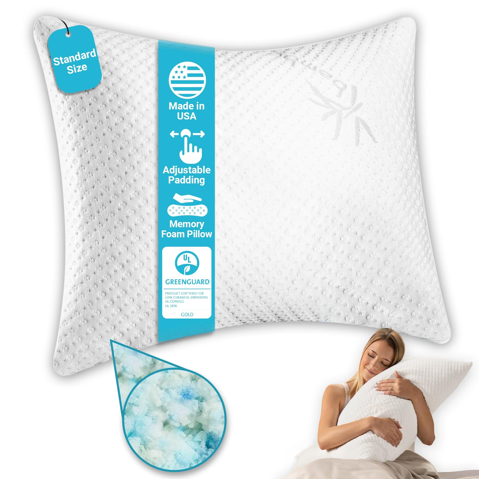 Xtreme Comforts Pillows for Sleeping - GreenGuard Gold Certified Adjustable Standard Memory Foam Pillow for Side, Back & Stomach Sleepers w/Removable Cooling Zipper Cover - Made in The USA - Medaid International