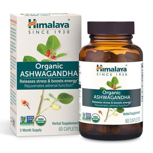 Himalaya Organic Ashwagandha Root, 60 Day Supply - Herbal Adrenal Support Supplements for Stress Relief and Energy Support - USDA Organic, Non-GMO, Vegan, Gluten Free, No Additives, 670 mg, 60 Caplets - Medaid International