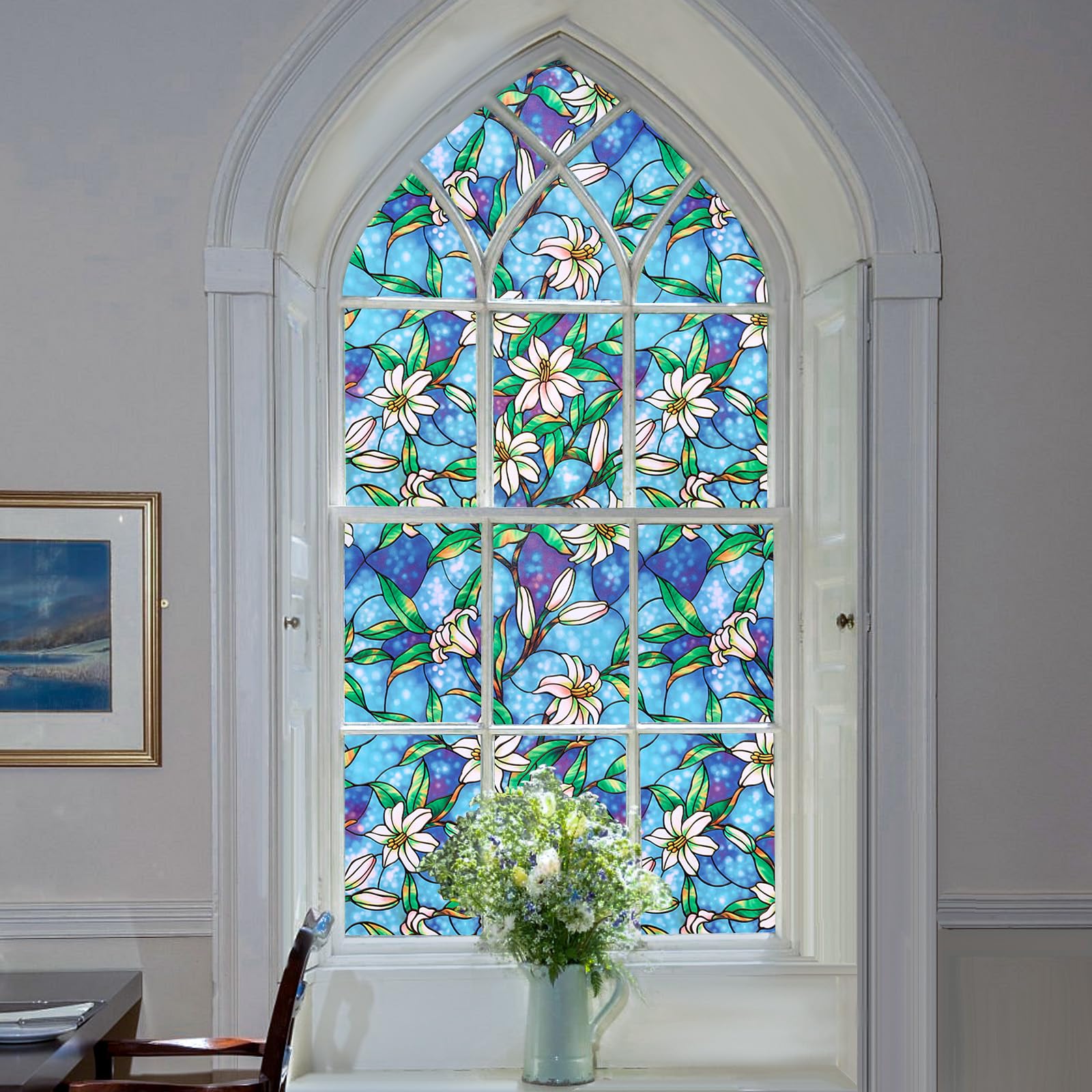 Coavas Decorative Window Privacy Film, Heat Control Sun Blocking Stained Glass Window Film, Floral Design Static Cling, Non Adhesive Windows Tint for Bathroom Front Door(Vinyl, 17.5" x 78.7 ") - Medaid International