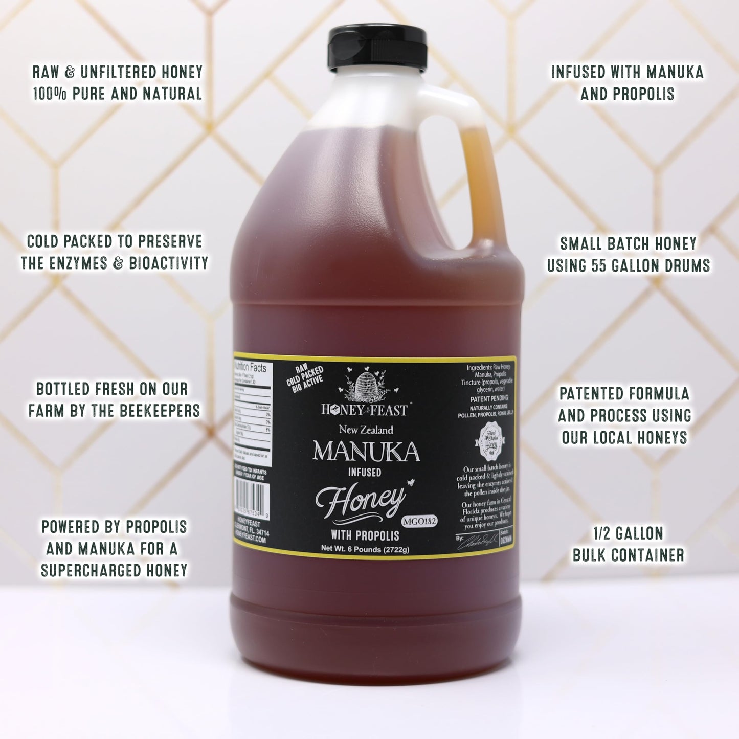 HONEY FEAST Propolis Infused Raw Manuka Honey | New Zealand Manuka Honey Blend with Propolis | Bulk Honey | MGO182 | Patent Pending Formula | 6lb Jar - Medaid International