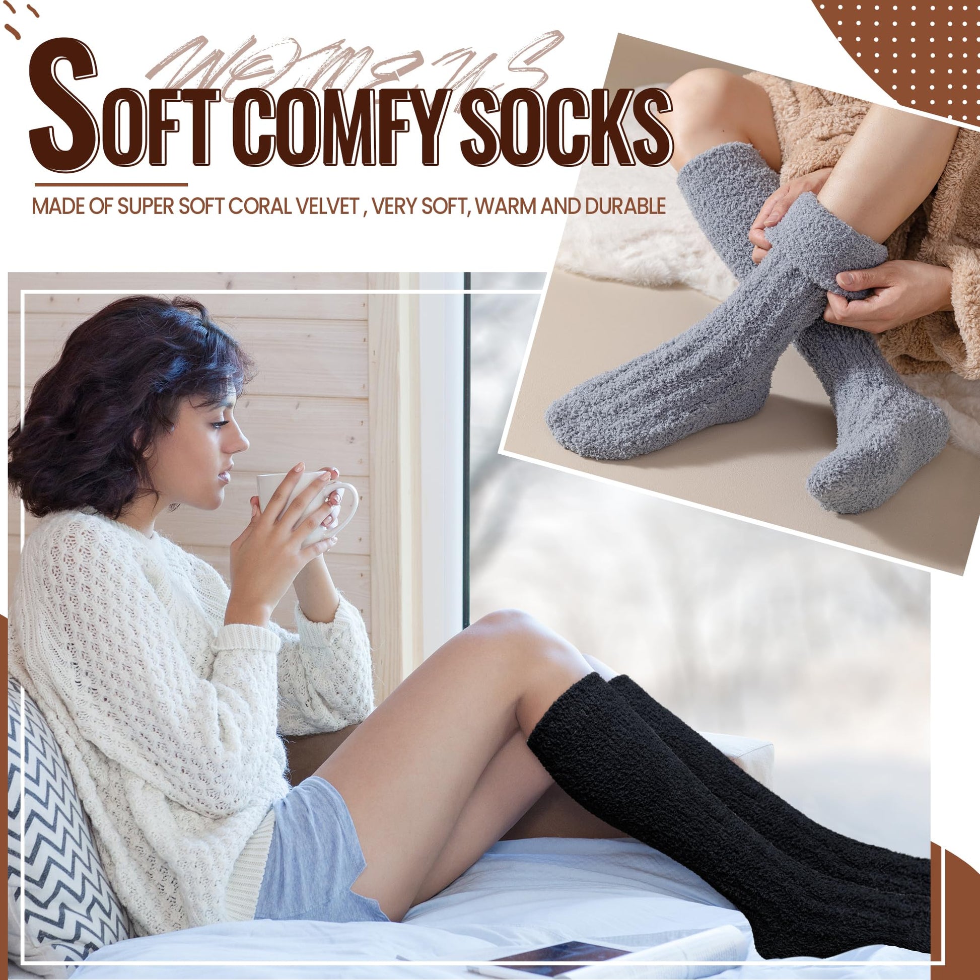 Velice Fuzzy Socks for Women 3 Pairs Knee High Fluffy Soft Warm Stocking Cozy Slipper Plush Winter Long Christmas Socks(Black/White/Grey) - Medaid International