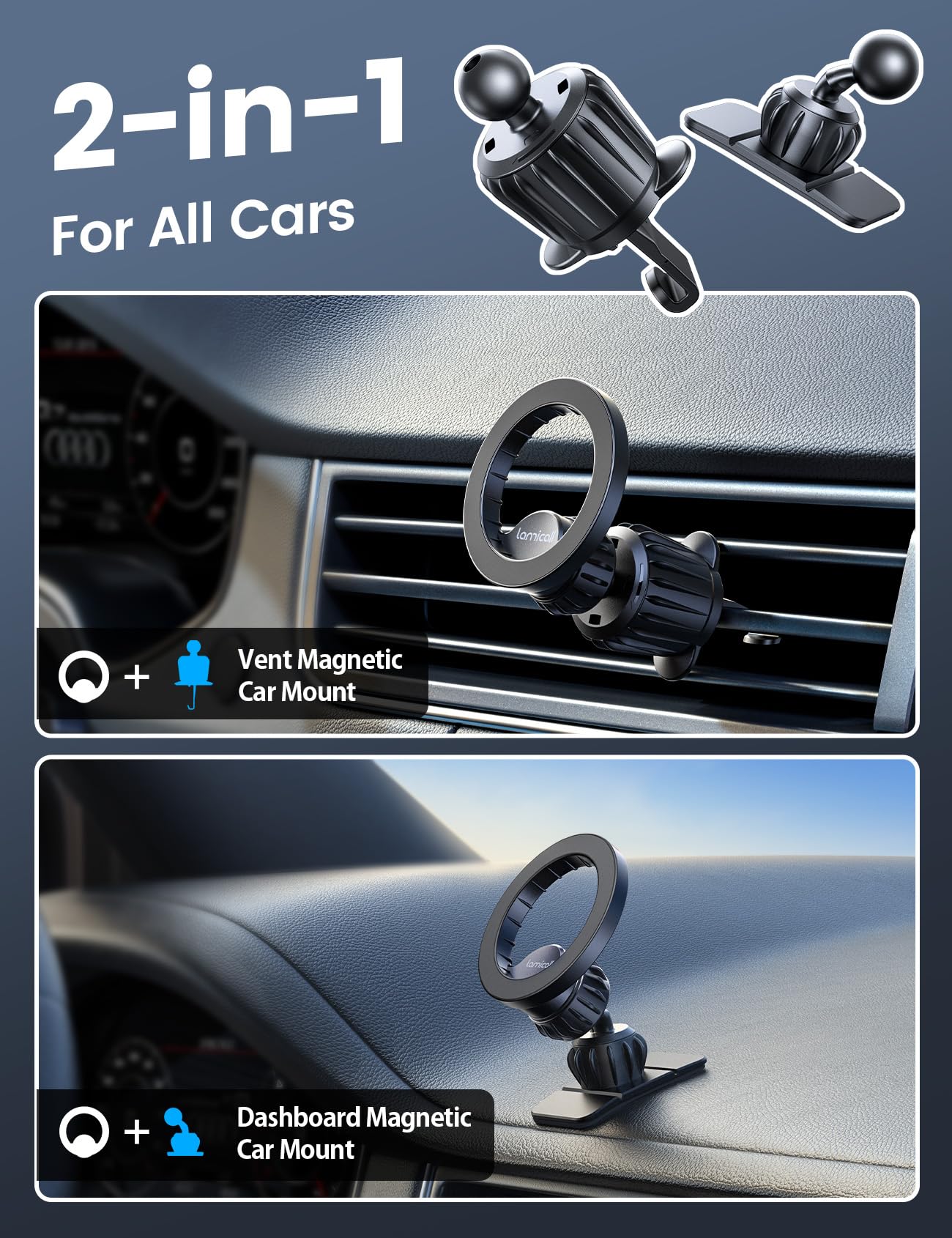 Lamicall for Magsafe Car Mount - [20X N55 Magnets] Magnetic Phone Holder for Your Car Dashboard Vent Car Phone Holder for iPhone 16 All Smartphone fits Magsafe Phone case - Medaid International