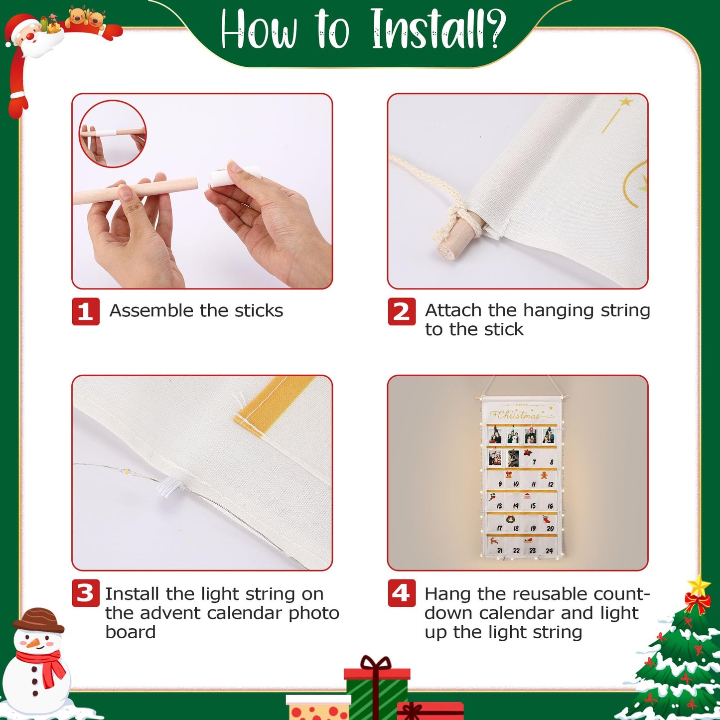 ElectricWise Christmas Picture Countdown Board, Photo Advent Calendar with Wood Clips, Photo Display Collage Board with Pockets, Reusable Festival Memory Countdown (32.3 In) - Medaid International