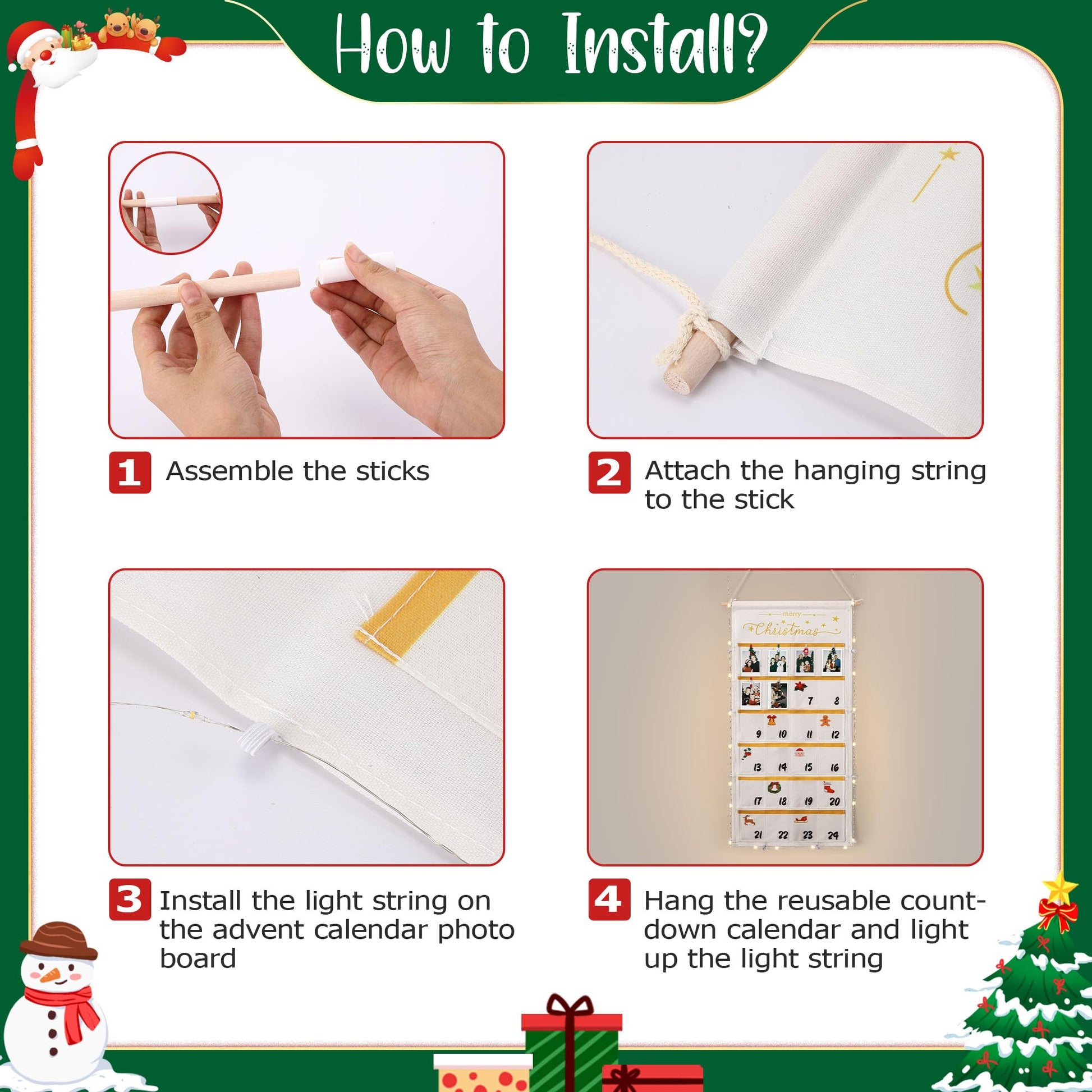 ElectricWise Christmas Picture Countdown Board, Photo Advent Calendar with Wood Clips, Photo Display Collage Board with Pockets, Reusable Festival Memory Countdown (32.3 In) - Medaid International