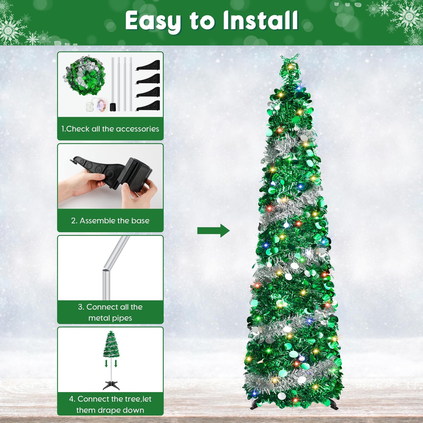 5FT Pop Up Christmas Tree with 90 LED Lights, Collapsible Artificial Pencil Christmas Tree, Tinsel Skinny Christmas Trees for Home Apartment Porch Indoor Outdoor Holiday Decorations - Medaid International