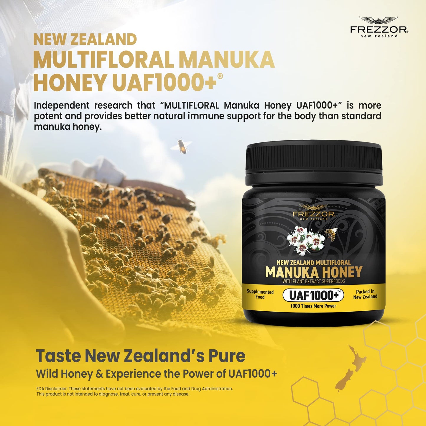 FREZZOR Premium New Zealand Raw Multifloral Manuka Honey with UAF1000+ Super Antioxidant, 230% More Bioactive, Best Support for Everyday Wellness, Antioxidant Superfood, 1 Jar (8.8oz/250g) - Medaid International