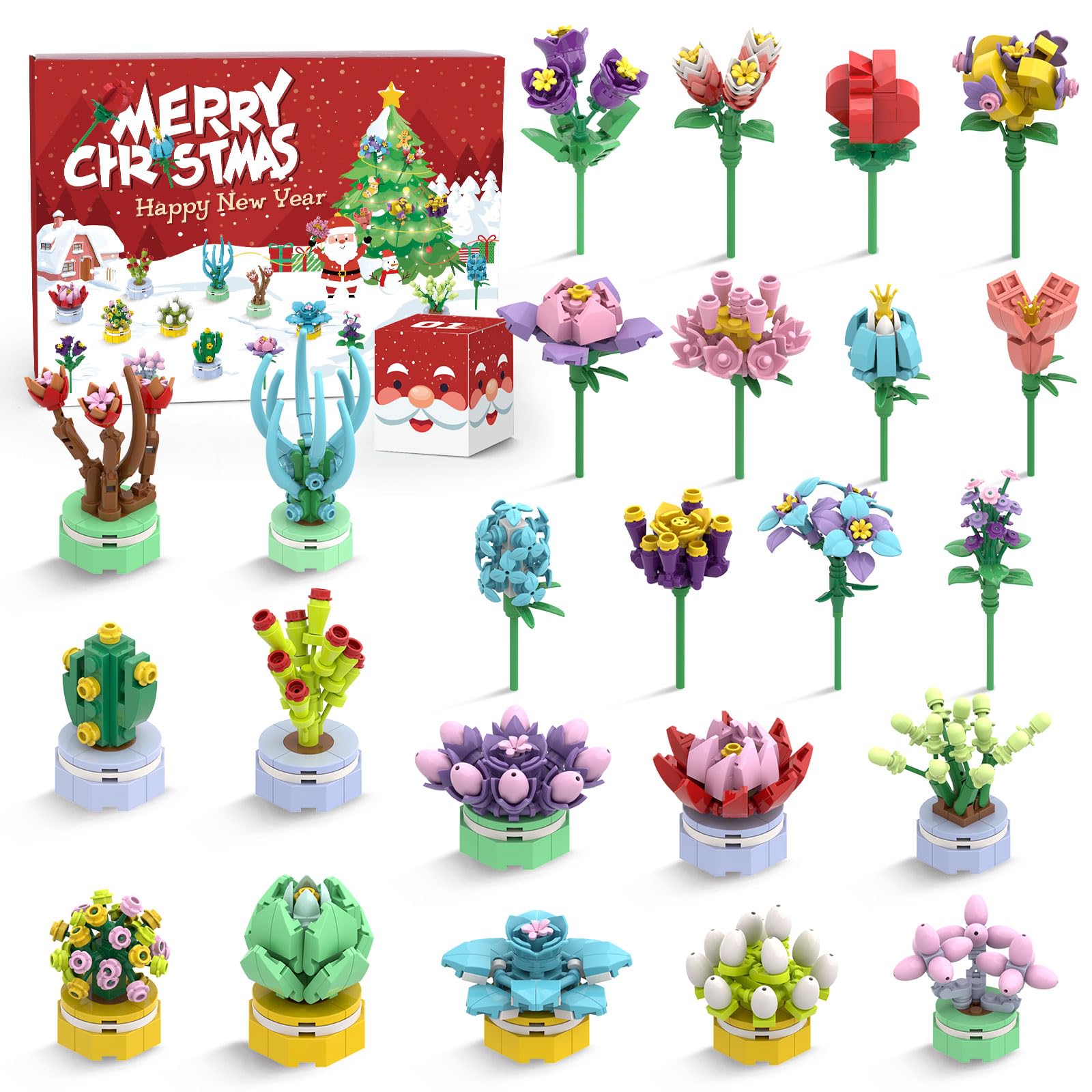 Advent Calendar Girls, 24 Pack Succulent & Bouquet Building Blocks for Kids, Christmas Countdown Calendar, Ideal Gift for 3 4 5-7 8-12 Boys and Girls - Medaid International