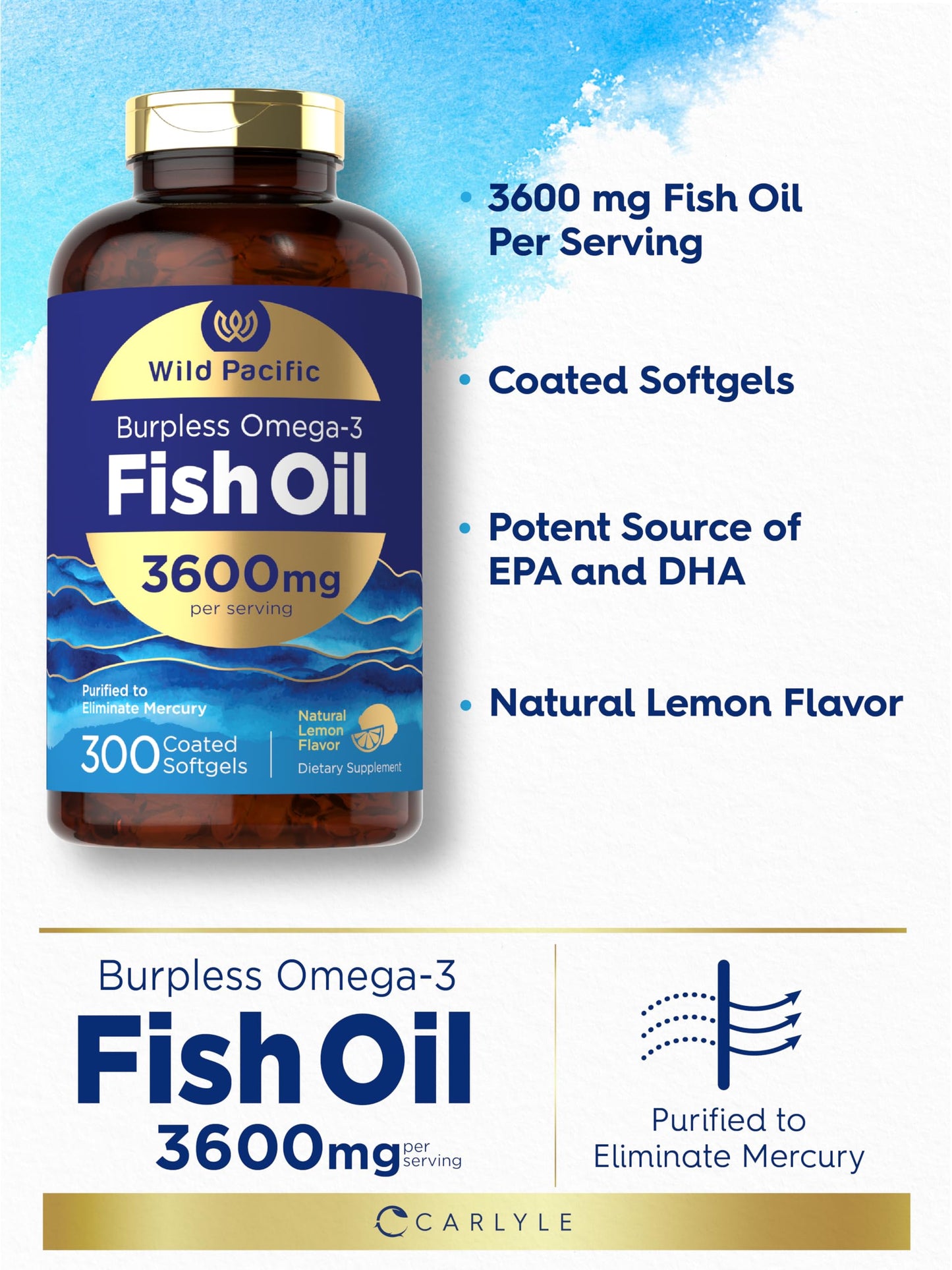 Carlyle Burpless Fish Oil 3600 mg | 300 Softgels | with Omega-3 Fatty Acids | Lemon Flavor | Non-GMO, Gluten Free Supplement | by Wild Pacific - Medaid International