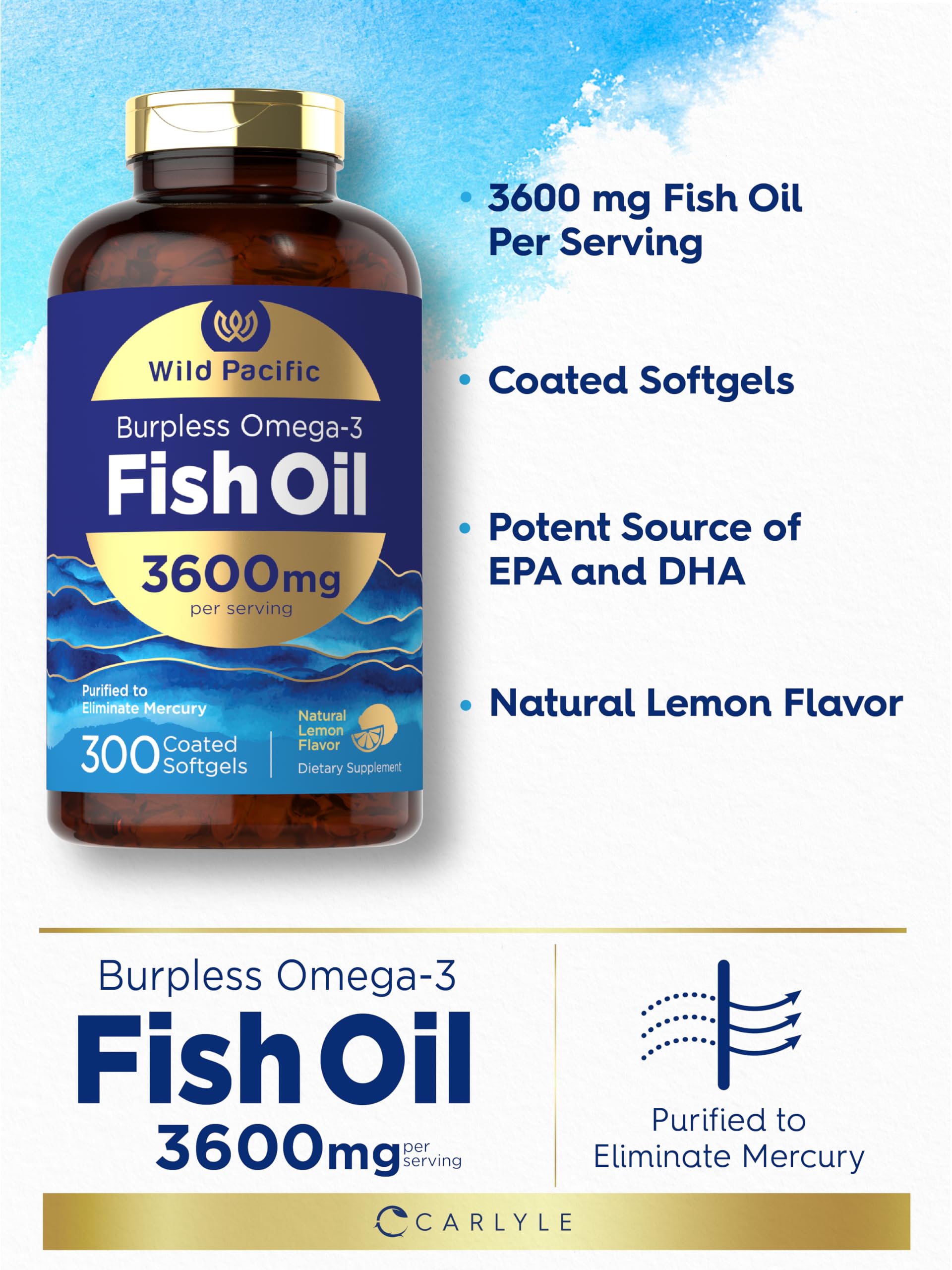 Carlyle Burpless Fish Oil 3600 mg | 300 Softgels | with Omega-3 Fatty Acids | Lemon Flavor | Non-GMO, Gluten Free Supplement | by Wild Pacific - Medaid International