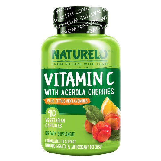 NATURELO Vitamin C with Organic Acerola Cherry Extract and Citrus Bioflavonoids - Vegan Supplement - Immune Support - 500 mg VIT C per Cap - Non-GMO - 90 Capsules - Medaid International