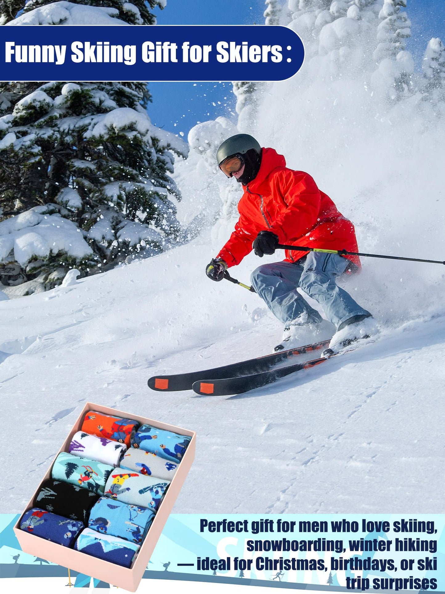Maiteenly 10 Pairs Funny Ski Themed Crew Socks Novelty Winter Snowboarding Gift Ideas for Ski Lovers Skiers Men Youth Christmas Xmas Holiday, 10 Styles - Medaid International