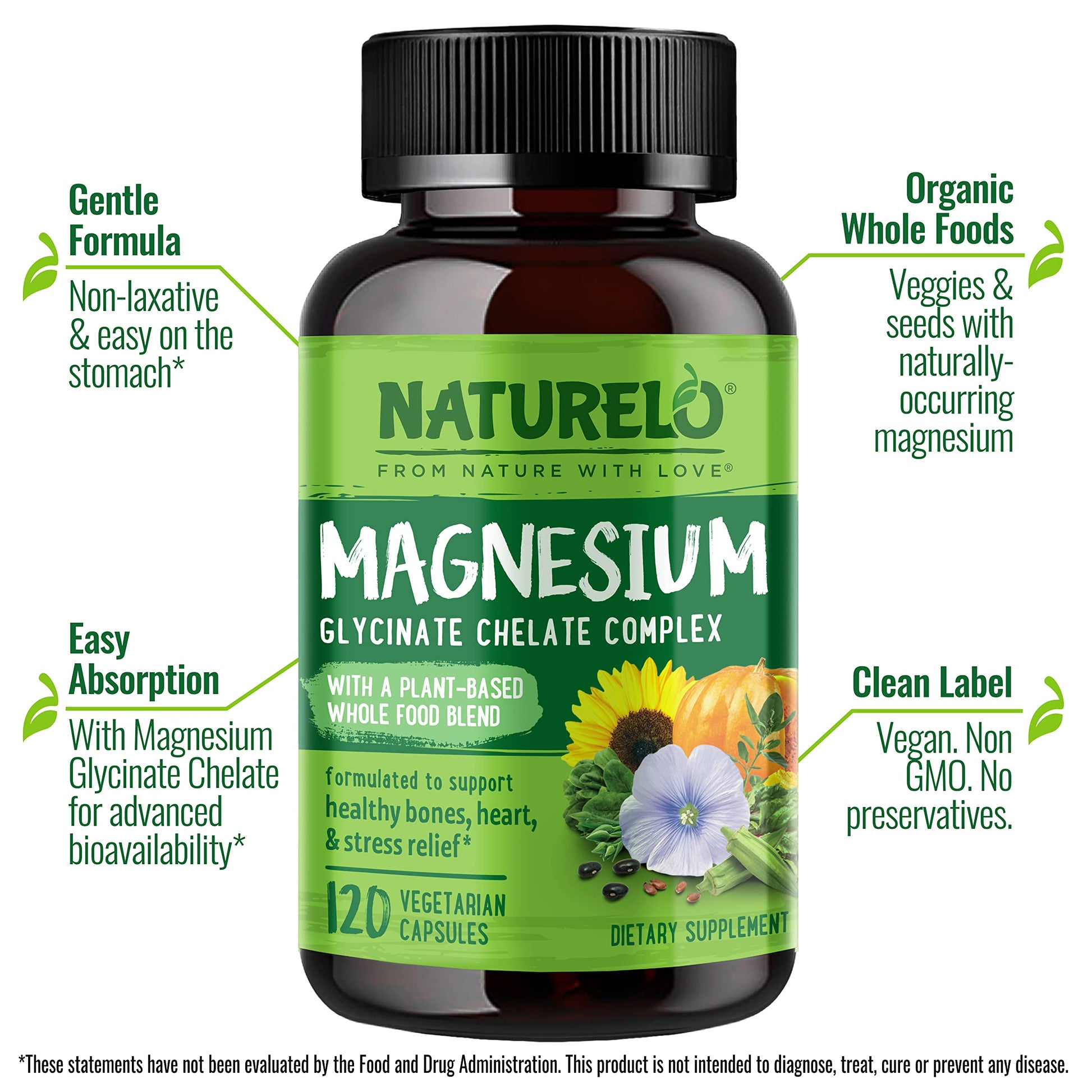 NATURELO Magnesium Glycinate Chelate Complex - 200 mg Magnesium with Organic Vegetables to Support Sleep, Calm, Muscle Cramp & Stress Relief - Gluten Free, Non GMO - 120 Capsules - Medaid International