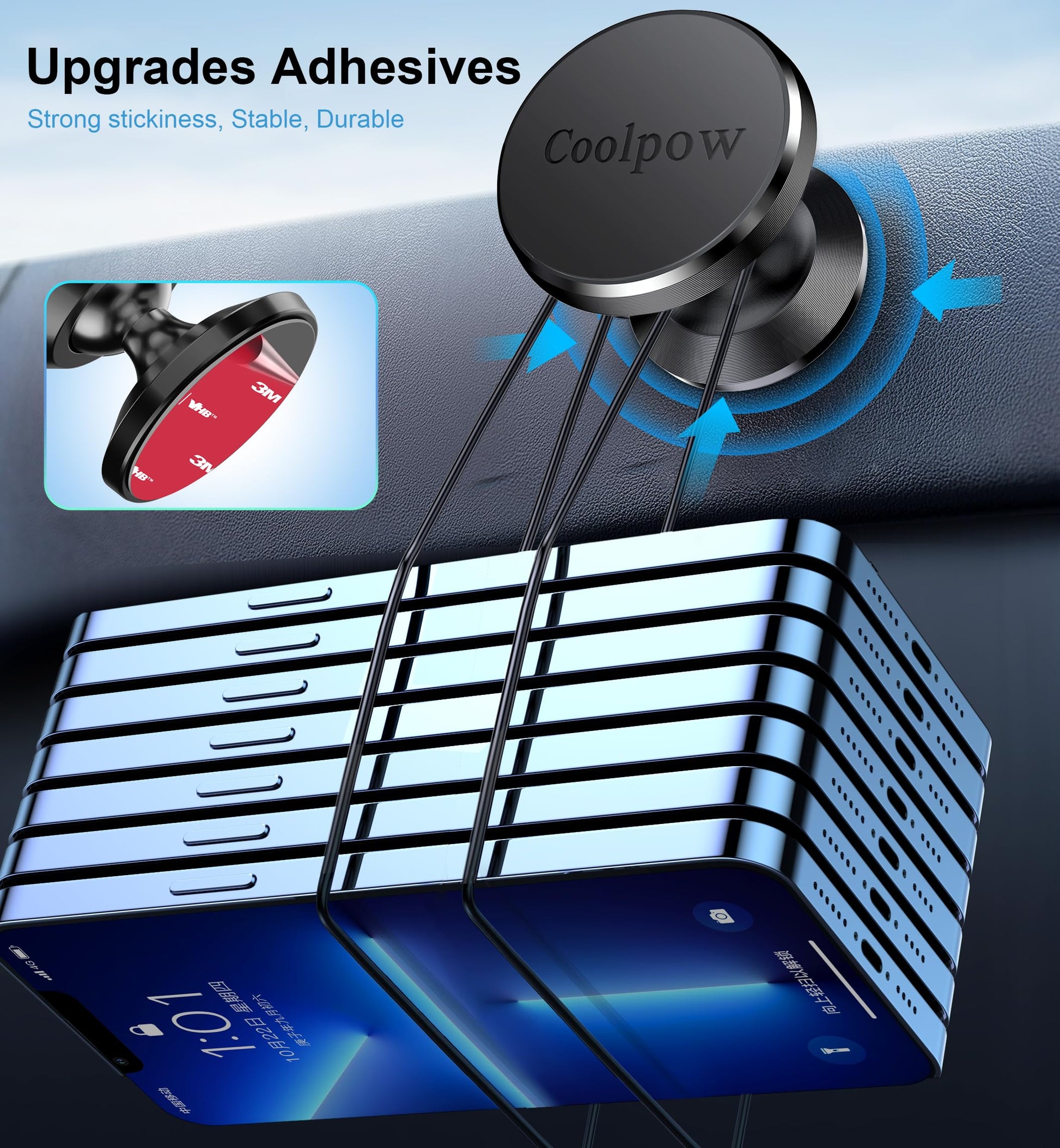 Coolpow【2 Packs 】Magnetic Phone Holder for car【Strong Magnet】phone holders for your car phone holder Mount for Car【4 Metal Plate】Universal Dash cell phone car mount for iphone Samsung car accessories - Medaid International