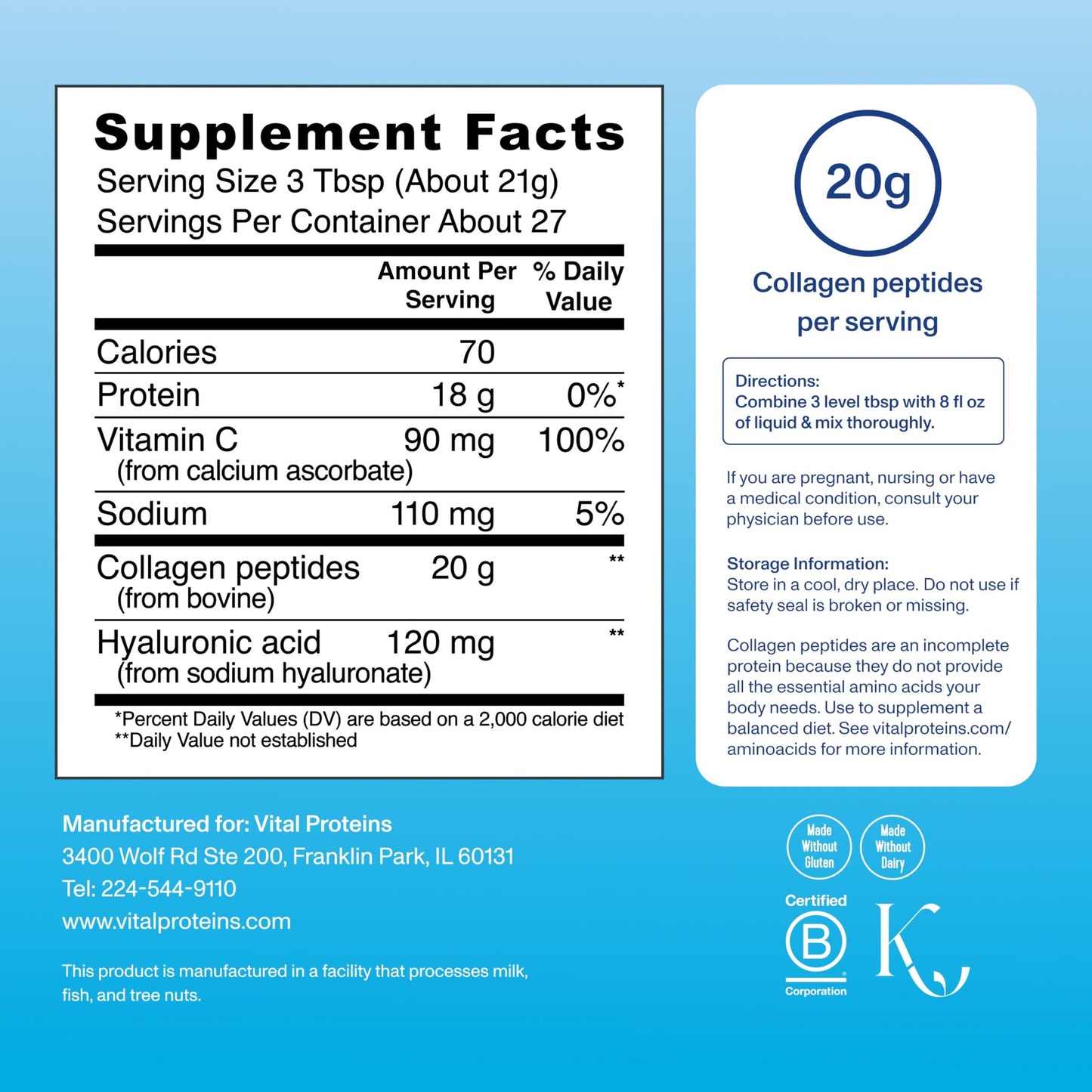 Vital Proteins Collagen Peptides Powder Advanced with Hyaluronic Acid & Vitamin C - 20oz Collagen Protein, Unflavored, 27 Servings - Medaid International